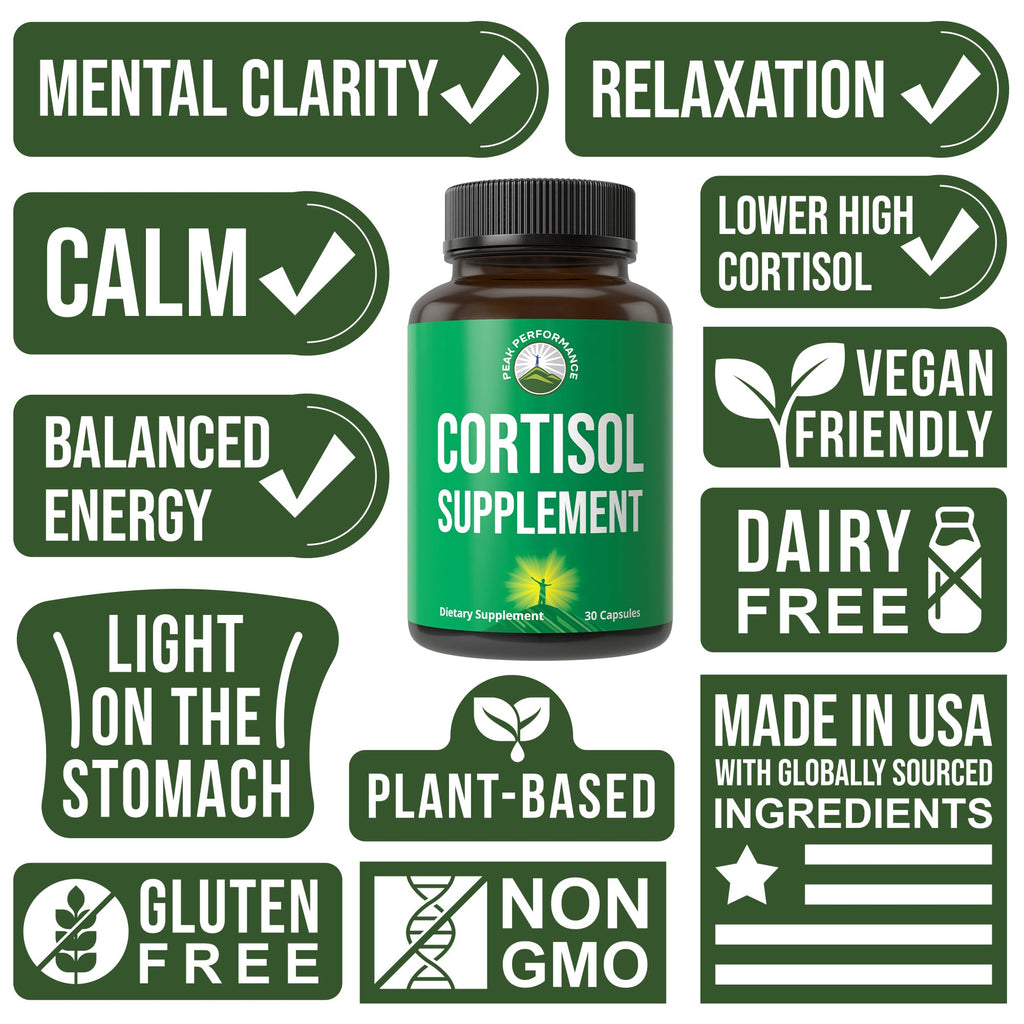 5-in-1 Cortisol Supplement for Women & Men. Lower High Cortisol with Ashwagandha, Rhodiola Rosea, L-Theanine, Phosphatidylserine, Magnolia Bark. Calm Relaxation, Balanced Energy, Vegan Supplements Peak Performance Au supplements
