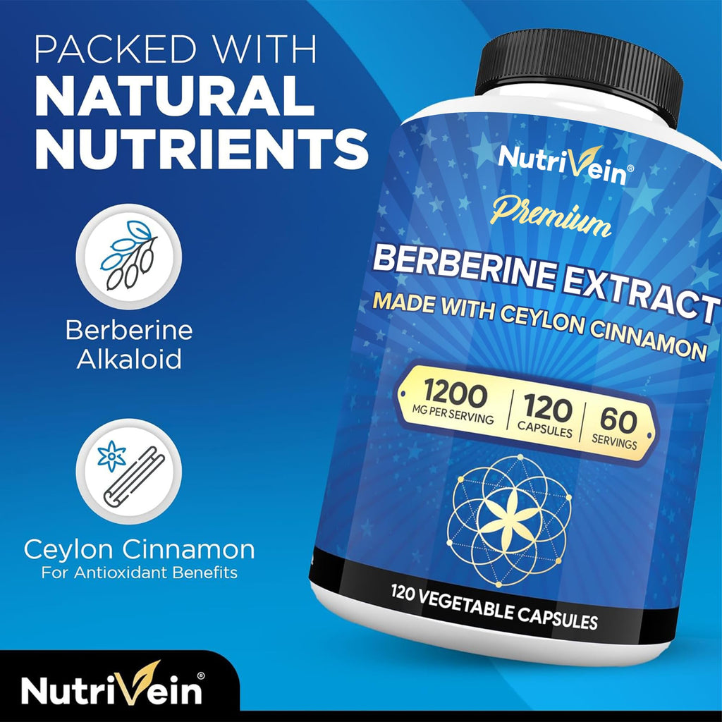Nutrivein Premium Berberine 1200 mg with Ceylon Cinnamon - 120 Capsules: High-Absorption Berberine Supplement