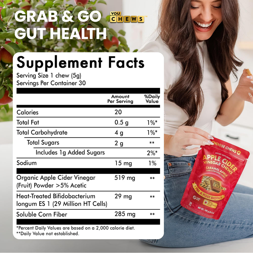 YouChews Apple Cider Vinegar Chews Better Than Apple Cider Gummies - Bloating Relief for Women and Men, 500mg Organic ACV with Prebiotics & Postbiotics, Low Sugar, Caramel Flavor, 30 Count YouChews Au supplements