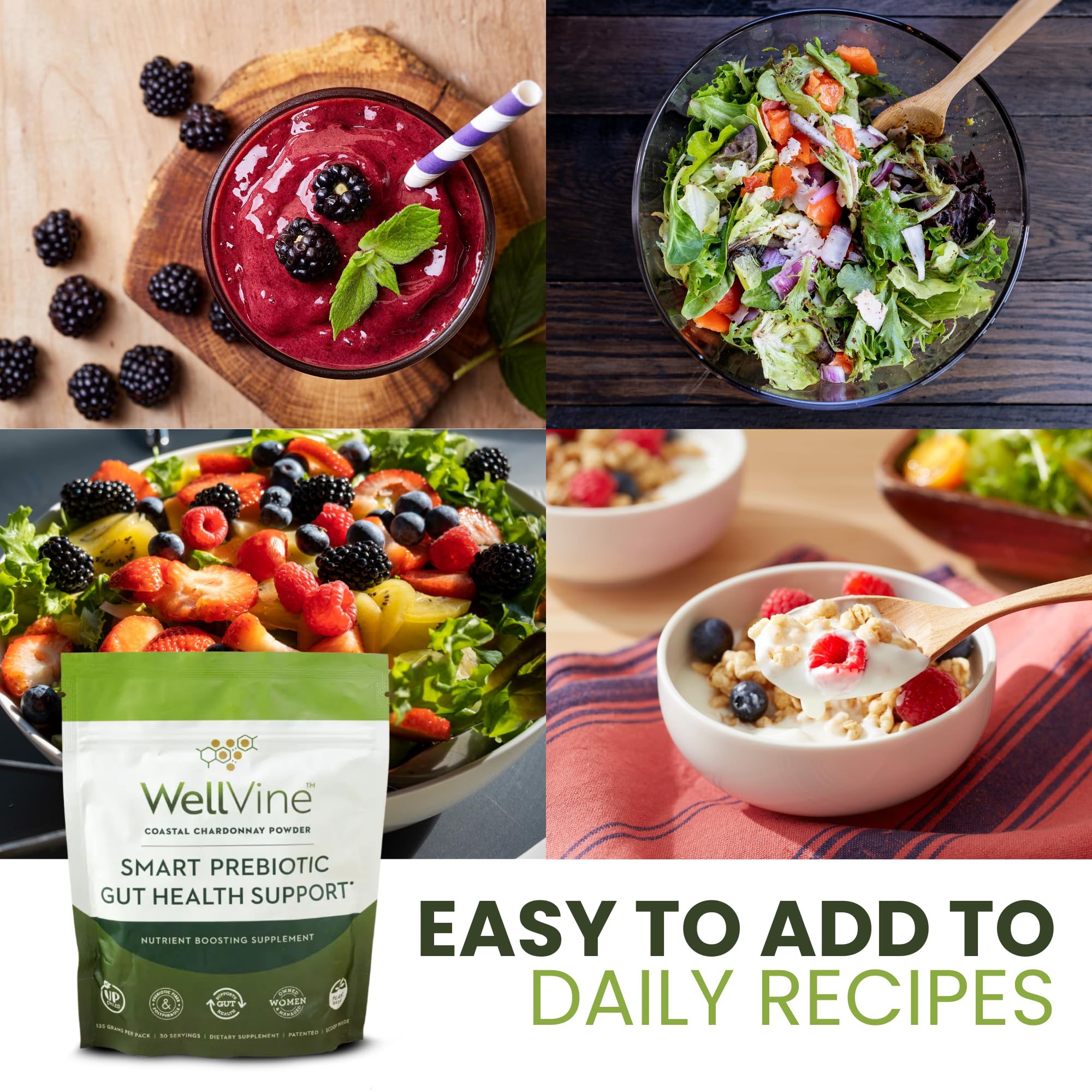 WellVine Premium Smart Prebiotic Gut Health Supplement Powder for Men & Women | Digestive Support & Gut Health With 100% Upcycled Chardonnay Grapes | Plant-Based