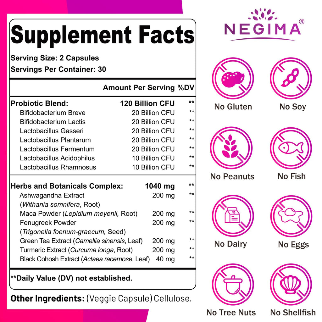 Negima Menopause Supplements for Women, 120 Billion CFUs Probiotics for Women, 13-in-1 Herbs & Botanicals Complex, for Menopause - 60 Caps Negima Au supplements