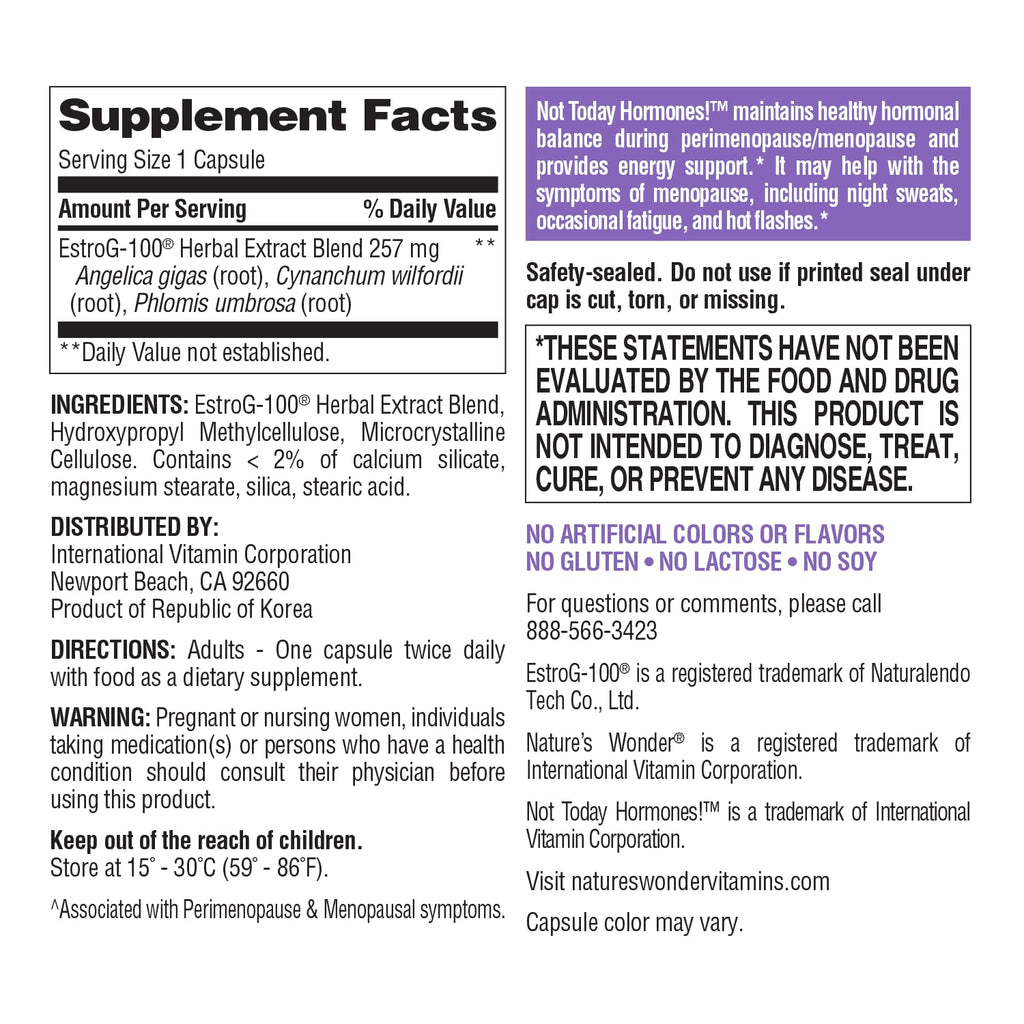 Nature's Wonder Not Today Hormones Perimenopause and Menopause Support Supplement for Women with Estro-G100, Supports Hot Flashes and Night Sweats 60 Vegetarian Capsules, 60 Day Supply Nature's Wonder Au supplements