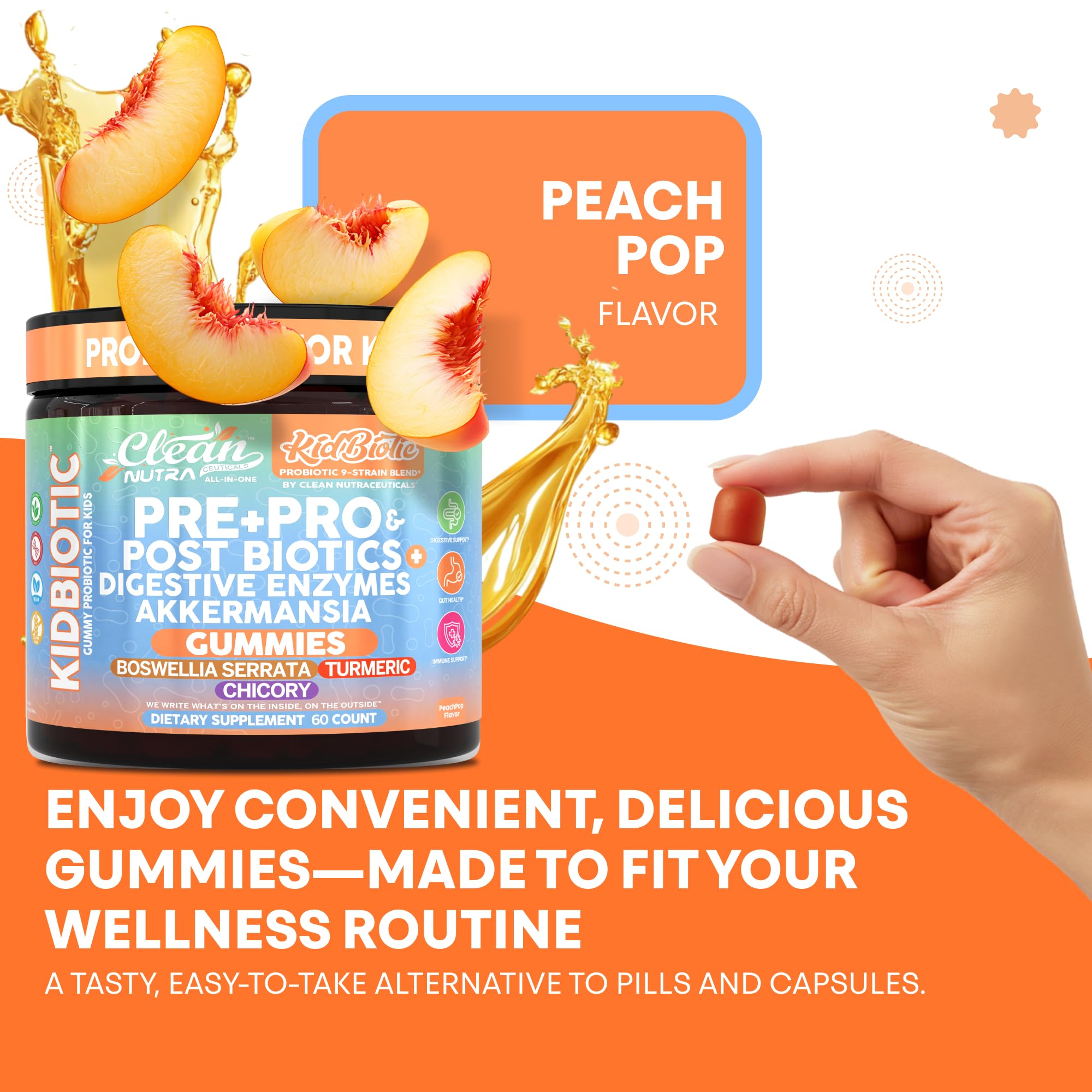 Clean Nutra Kids Probiotics Gummies with Prebiotics, Postbiotics, Digestive Enzymes, Akkermansia, Boswellia Serrata, Turmeric, Chicory – 60 Count – Plant-Based Supplement for Kids – PeachPop Flavor Clean Nutraceuticals Au supplements