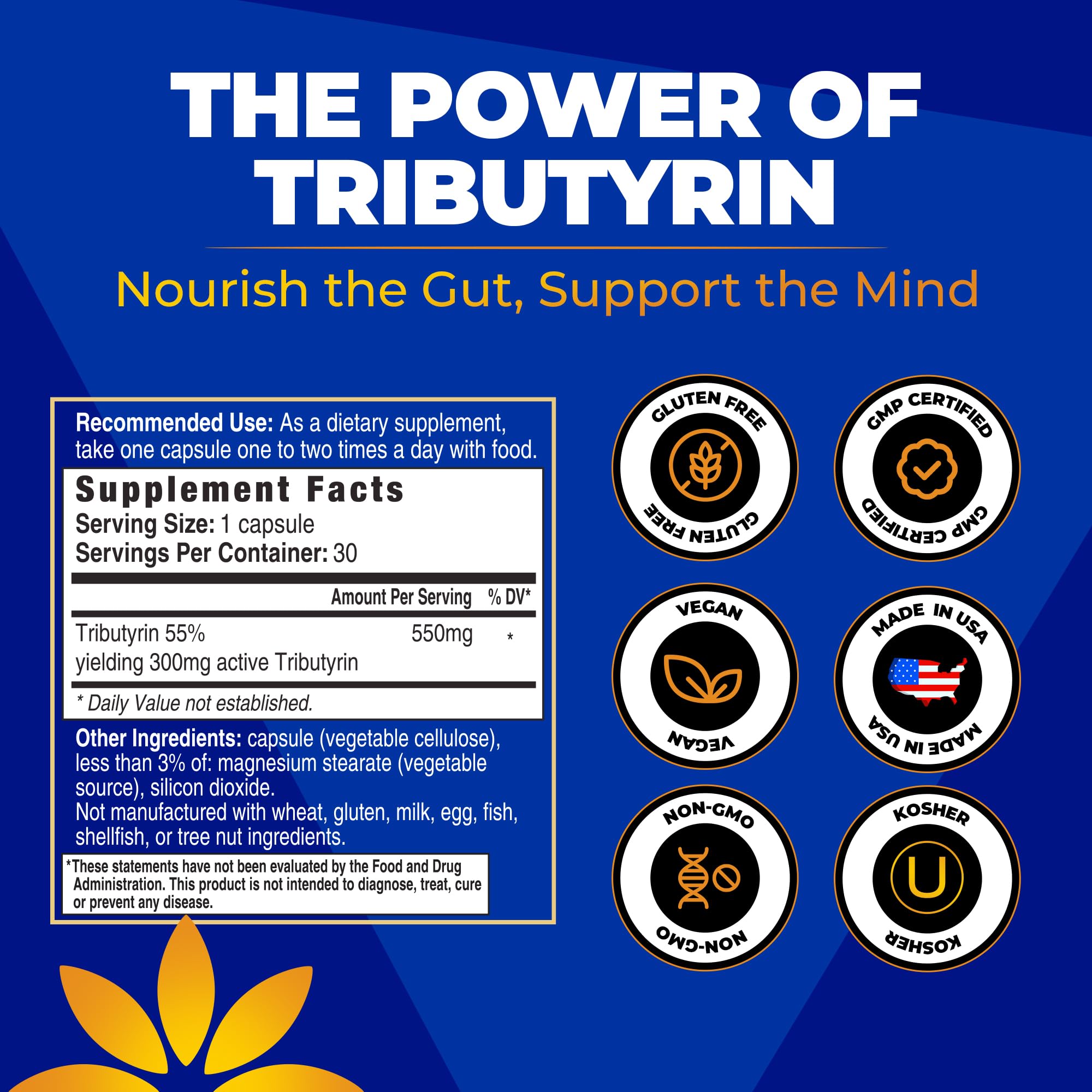 Tributyrin Supplement - Better Delivery & More Effective than Sodium Butyrate - Gut Health & Digestive Support - 3-in-1 Butyrate Postbiotics for Leaky Gut & Gut Barrier Support - 30 Capsules Vita Bloom Labs Au supplements