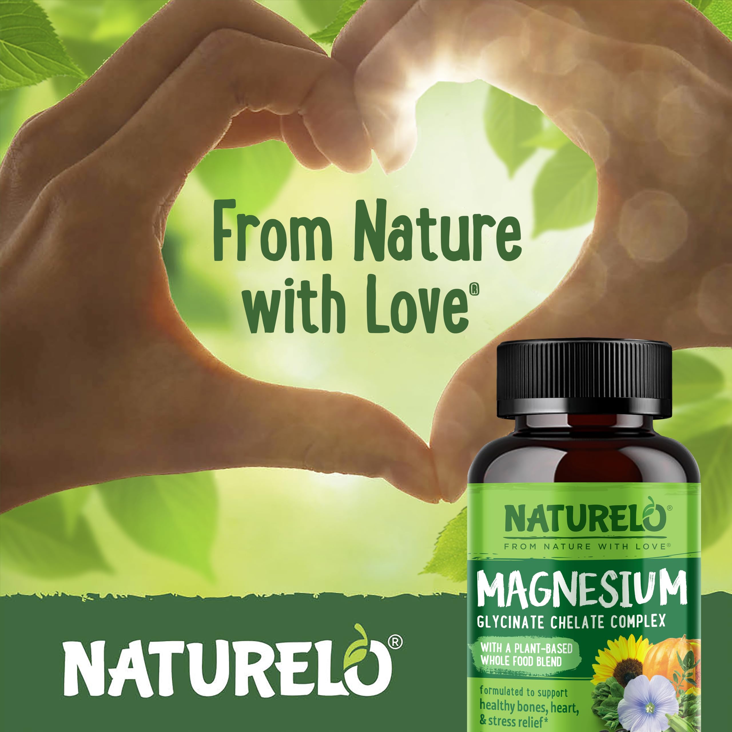 NATURELO Magnesium Glycinate Chelate Complex - 200 mg Magnesium with Organic Vegetables to Support Sleep, Calm, Muscle Cramp & Stress Relief