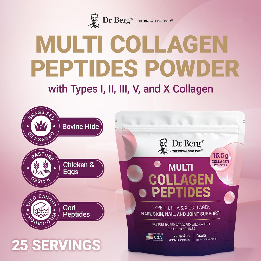 Dr. Berg Multi Collagen Peptides Powder Types I, II, III, V, X - Unflavored Collagen Powder w/ 14 g of Protein - Grass-Fed