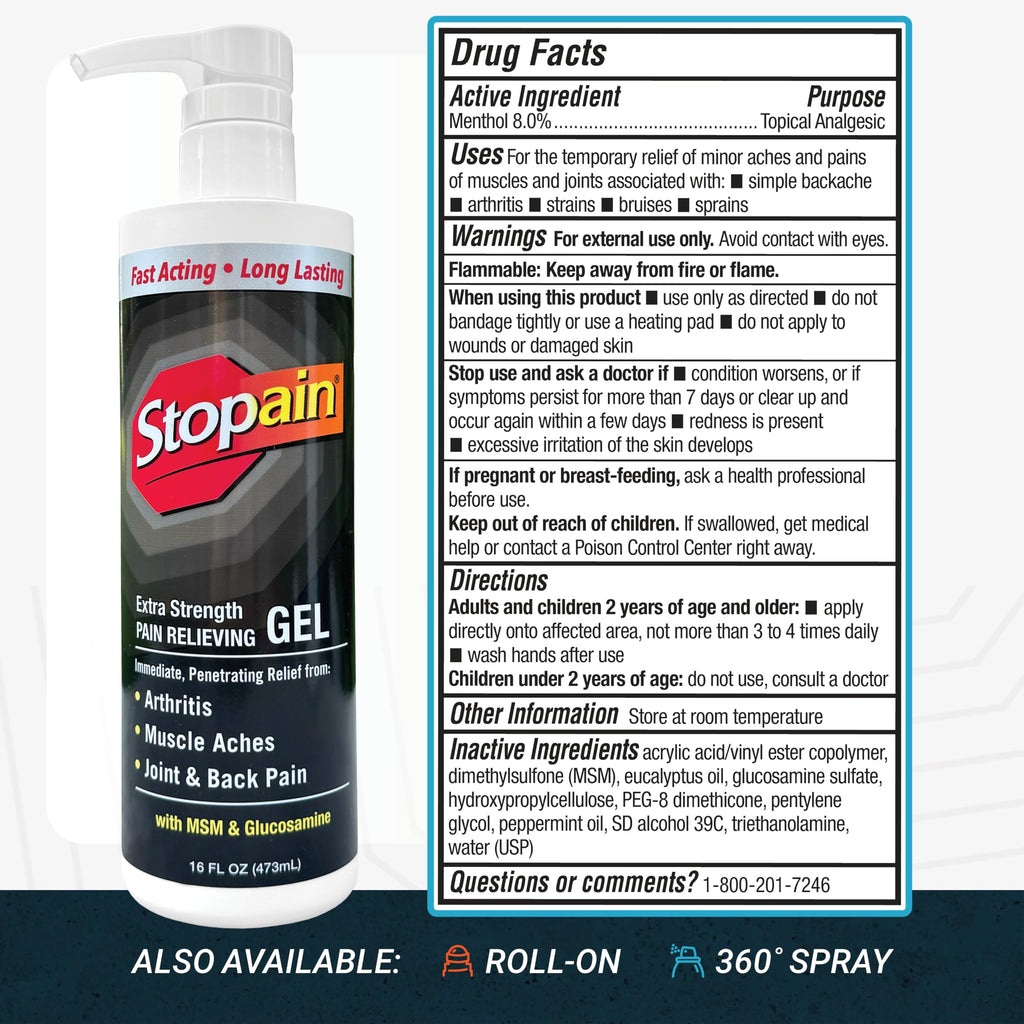 Stopain Pain Relief Gel 16oz, USA Made, Max Strength Fast Acting with Menthol, MSM, Glucosamine for Joint Pain, Back Pain, Arthritis, Knee, Neck Pain, HSA FSA Approved OTC Topical Analgesic Product Stopain Au supplements