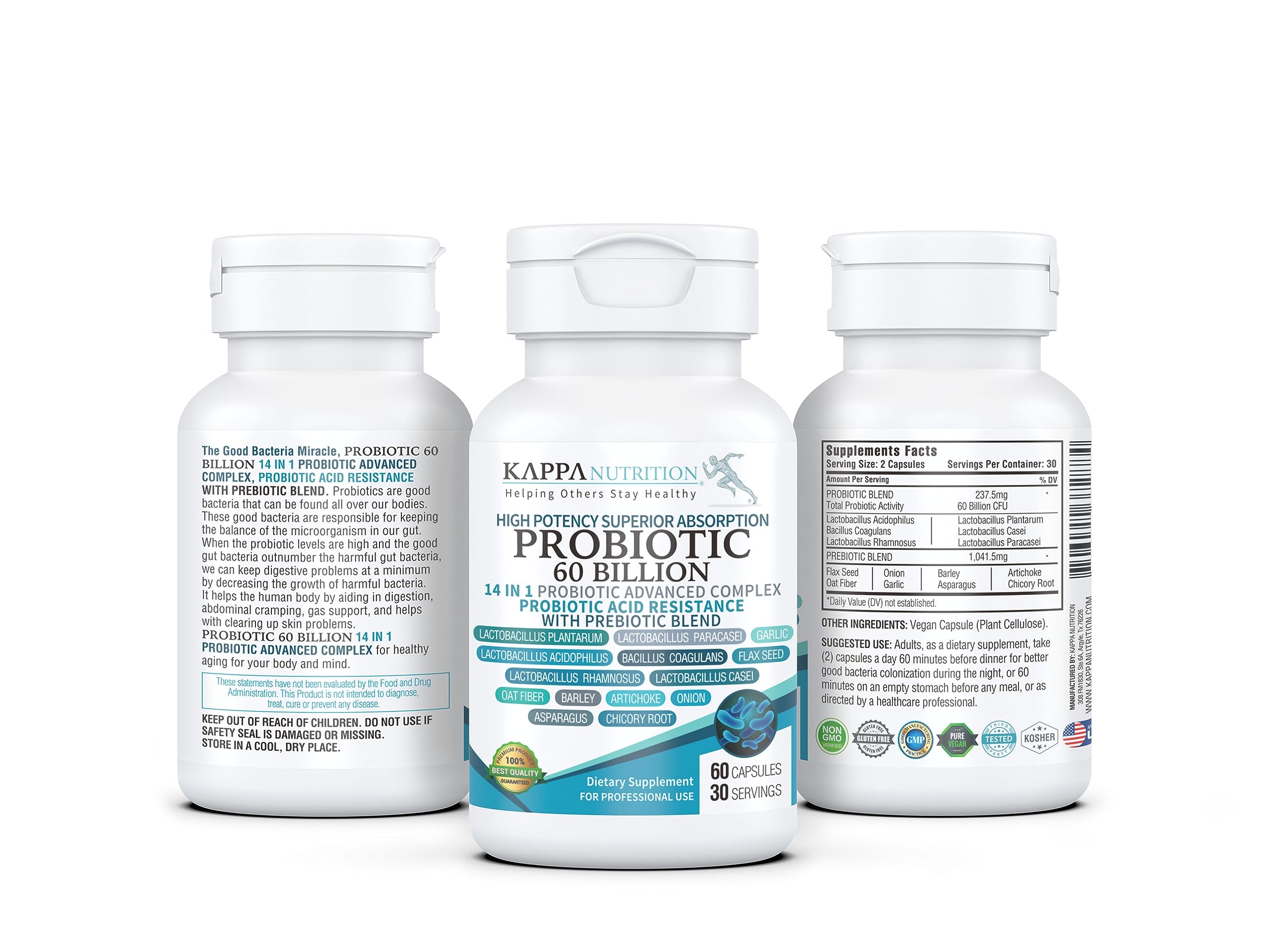 KAPPA NUTRITION Probiotic 60 Billion CFU 14 in 1 Formula with Prebiotics & Acidophilus for Women, Men & Adults, Shelf Stable, Acid Resistant