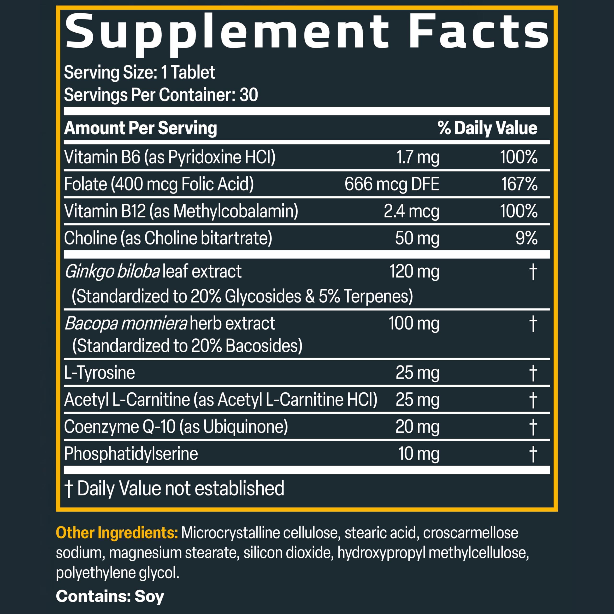 Bronson Ginkgo, Bacopa & Acetyl L-Carnitine Brain & Memory Support Complex with L-Tyrosine, Choline, CoQ10 & Phosphatidylserine Plus Key B Vitamins Non-GMO, 30 Tablets Bronson Au supplements