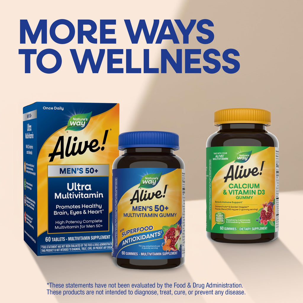 Nature’s Way Alive! Men’s 50 Plus Multivitamin Gummy, Daily Chewable Multivitamins for Men with B-Vitamins, Vitamin D3 & Zinc, Supports Heart