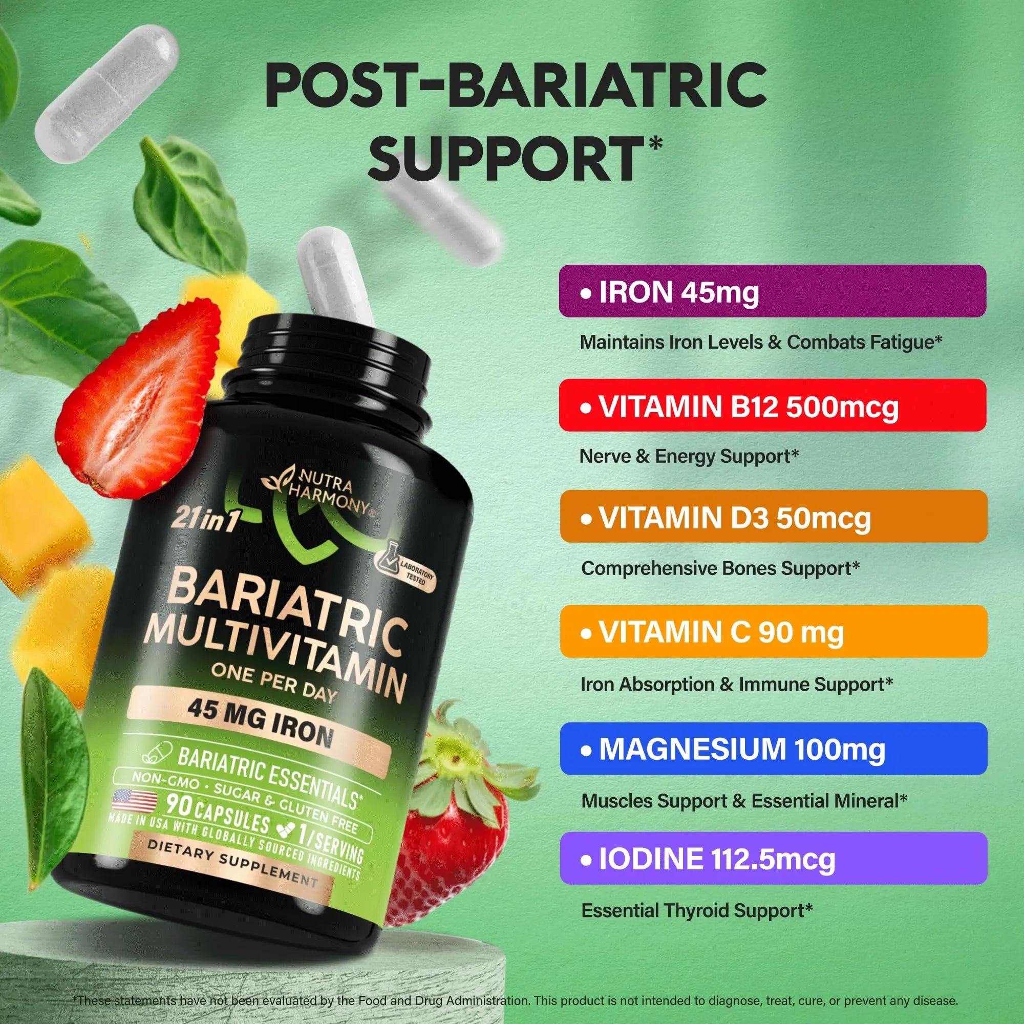 Bariatric Multivitamin - 45 mg Iron Supplements - Made in USA - for Women & Men - All-in-One, 21 Essential Vitamins - Gastric Sleeve Support NUTRAHARMONY Au supplements