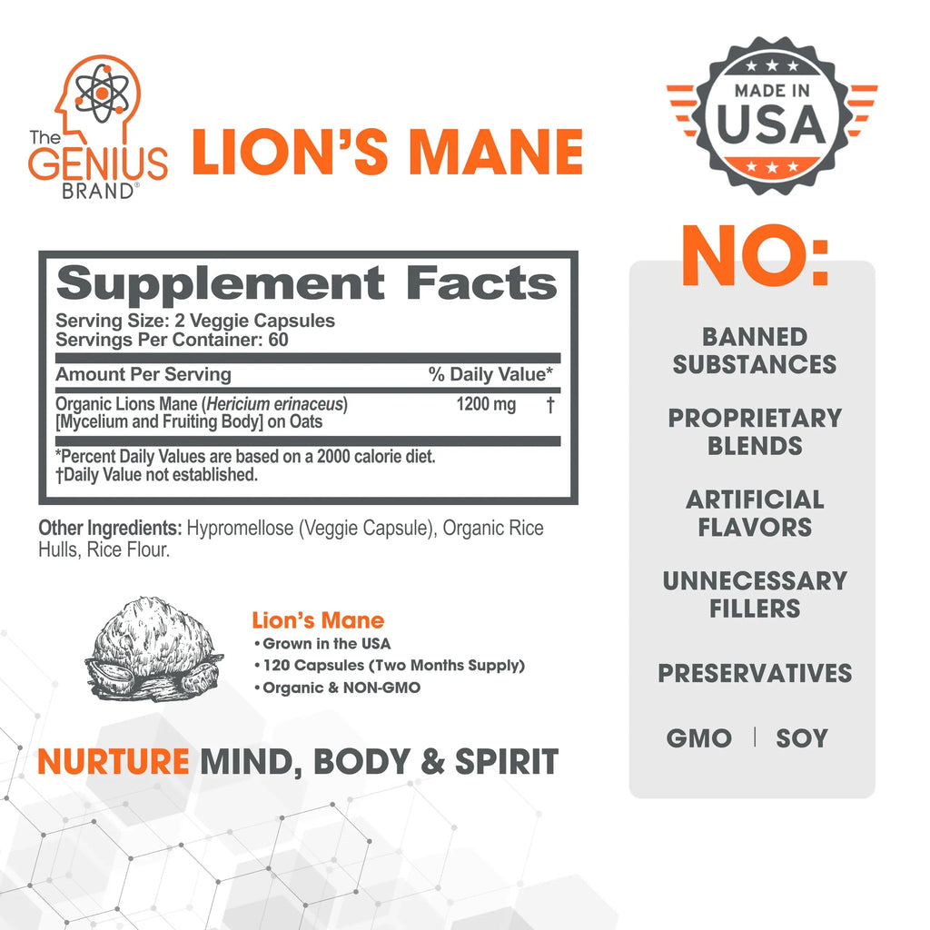 Genius Lions Mane Supplement Capsules - Organic Nootropic Supplement, 1200mg per The Genius Brand Au supplements