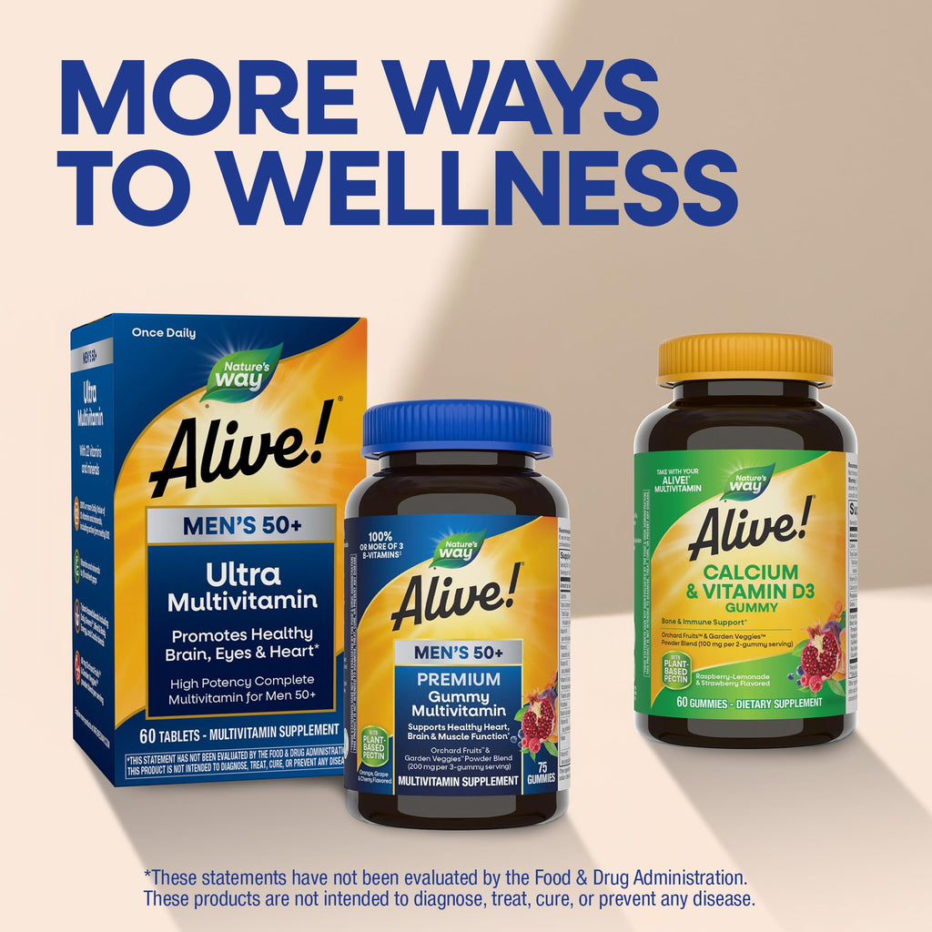 Nature’s Way Alive! Men’s 50 Plus Premium Gummy Multivitamin, Supports Healthy Heart, Brain & Muscle Function with High Potency B-Vitamins, Vitamin A, C, D3