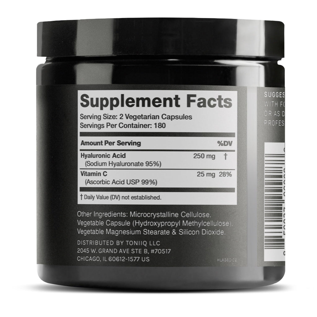 Toniiq Hyaluronic Acid Supplements – Lab Tested 95% Ultra High Purity – Fermented and Bioavailable with Vitamin C – Third Party Lab Tested – 360 Capsules Toniiq Au supplements