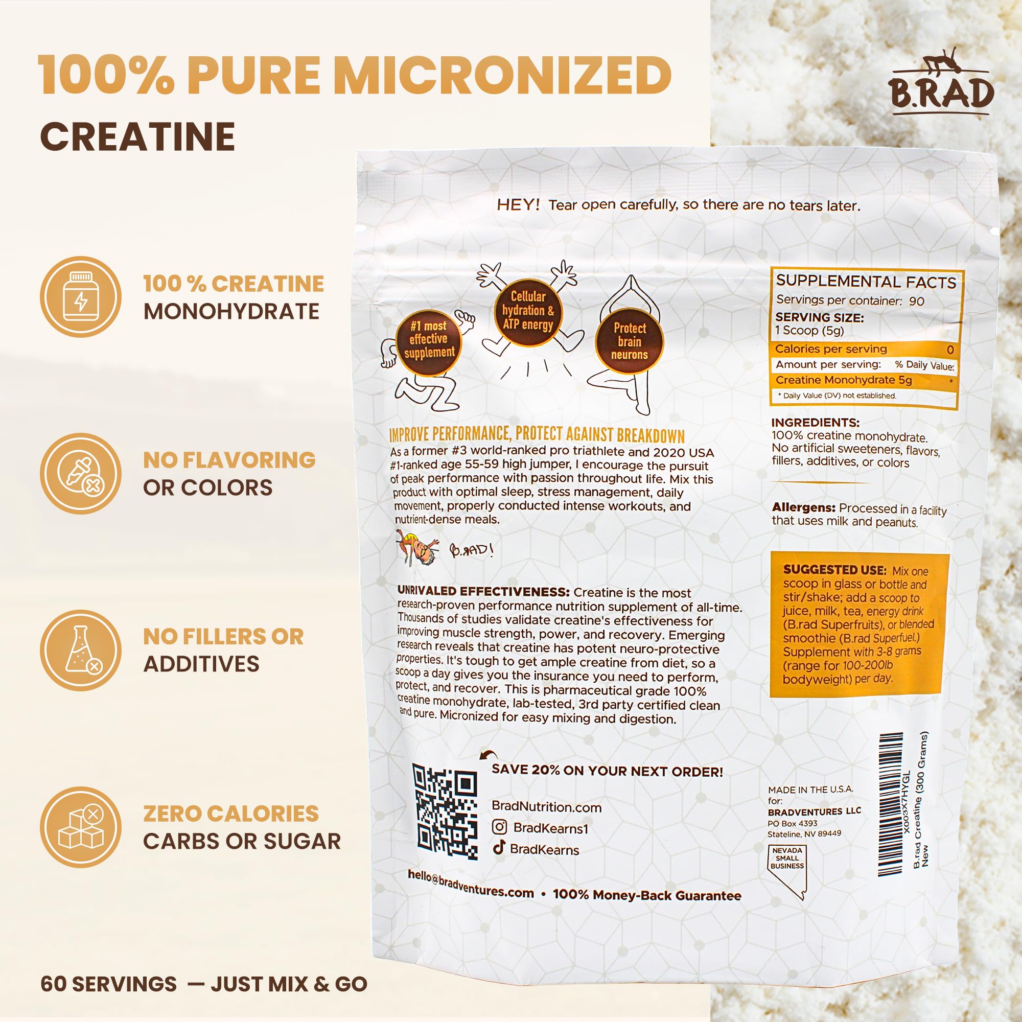 B.rad 100% Pure Micronized Creatine Monohydrate Powder | Natural, No Additives | Boosts Muscle Strength, Recovery & Performance | Supports Brain Health | 300g, 60 Servings B.rad Au supplements