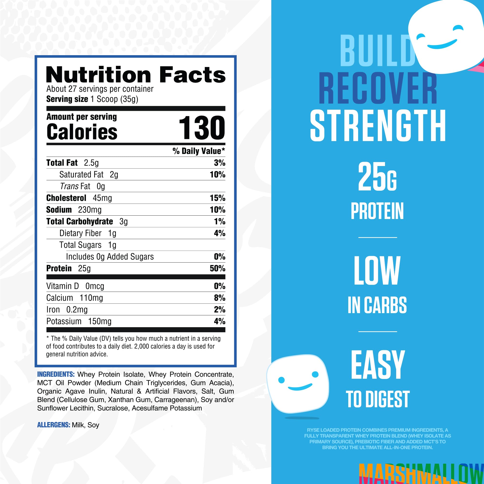 RYSE Loaded Protein Powder - Jet-Puffed Marshmallow - 25g Whey Protein Isolate & Concentrate with Prebiotic Fiber & MCTs - Low Carb, Low Sugar, Digestive-Friendly - 27 Servings / 2 lb Tub