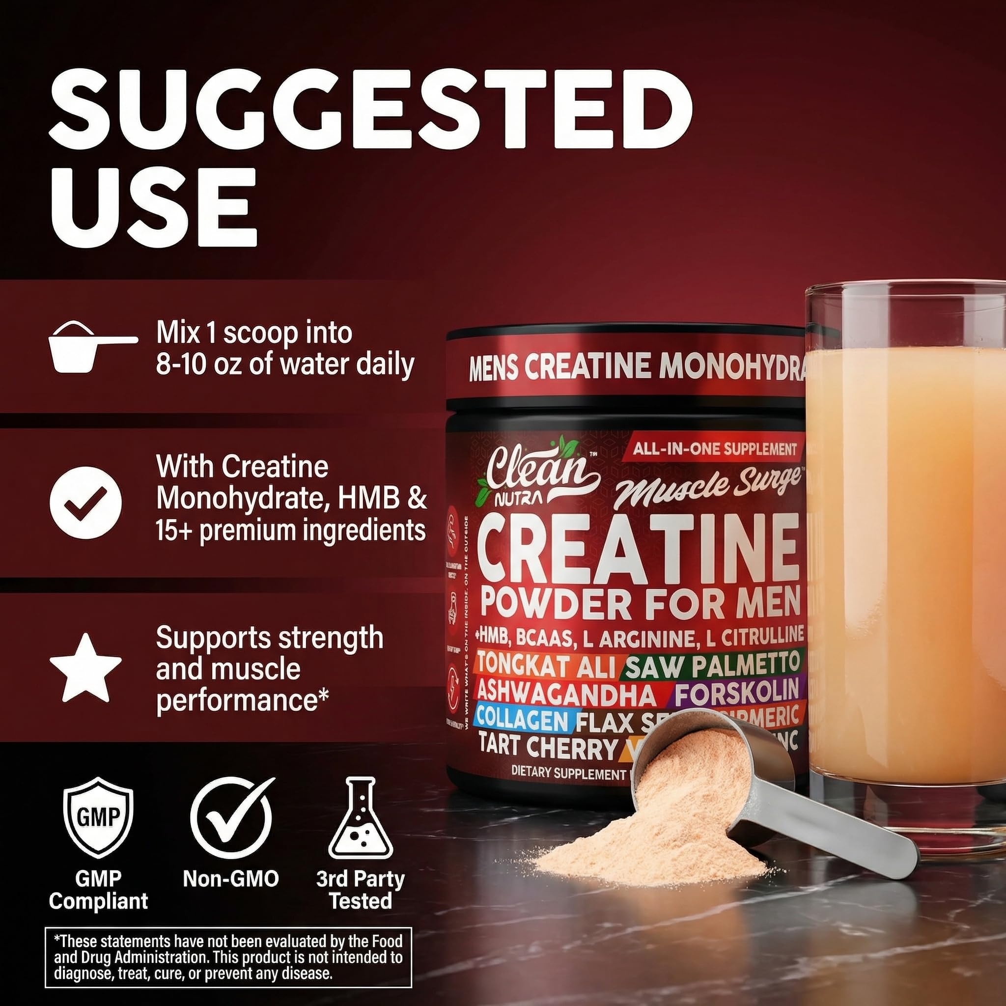 Clean Nutra Creatine Powder for Men + HMB BCAA L Arginine L Citrulline Tongkat Ali Saw Palmetto Ashwagandha Collagen Flax Seed Turmeric Preworkout Stevia