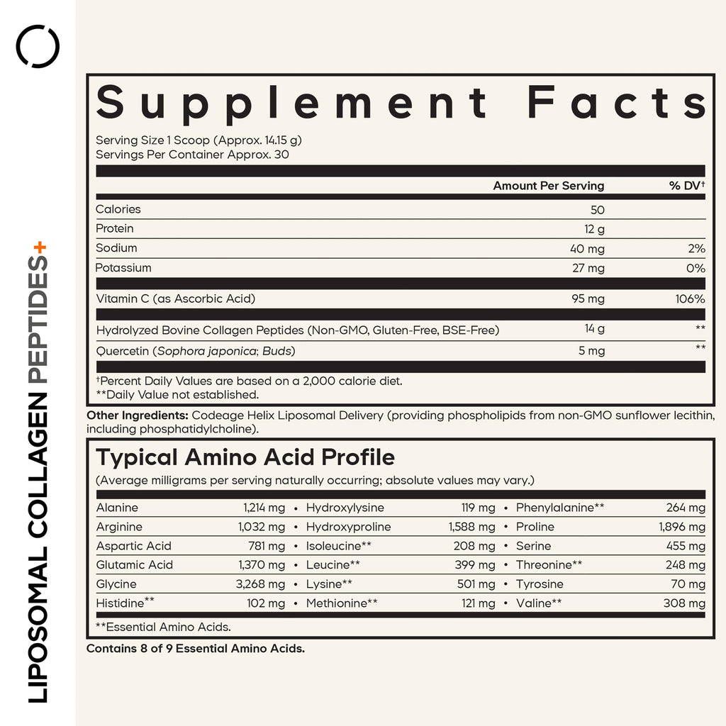 Codeage Liposomal Collagen Peptides Powder + Vitamin C & Quercetin, Phospholipid Complex, Grass-Fed Pasture-Raised Hydrolyzed Collagen Type I & III Supplement All-in-One, Non-GMO, 14.97 oz Codeage Au supplements