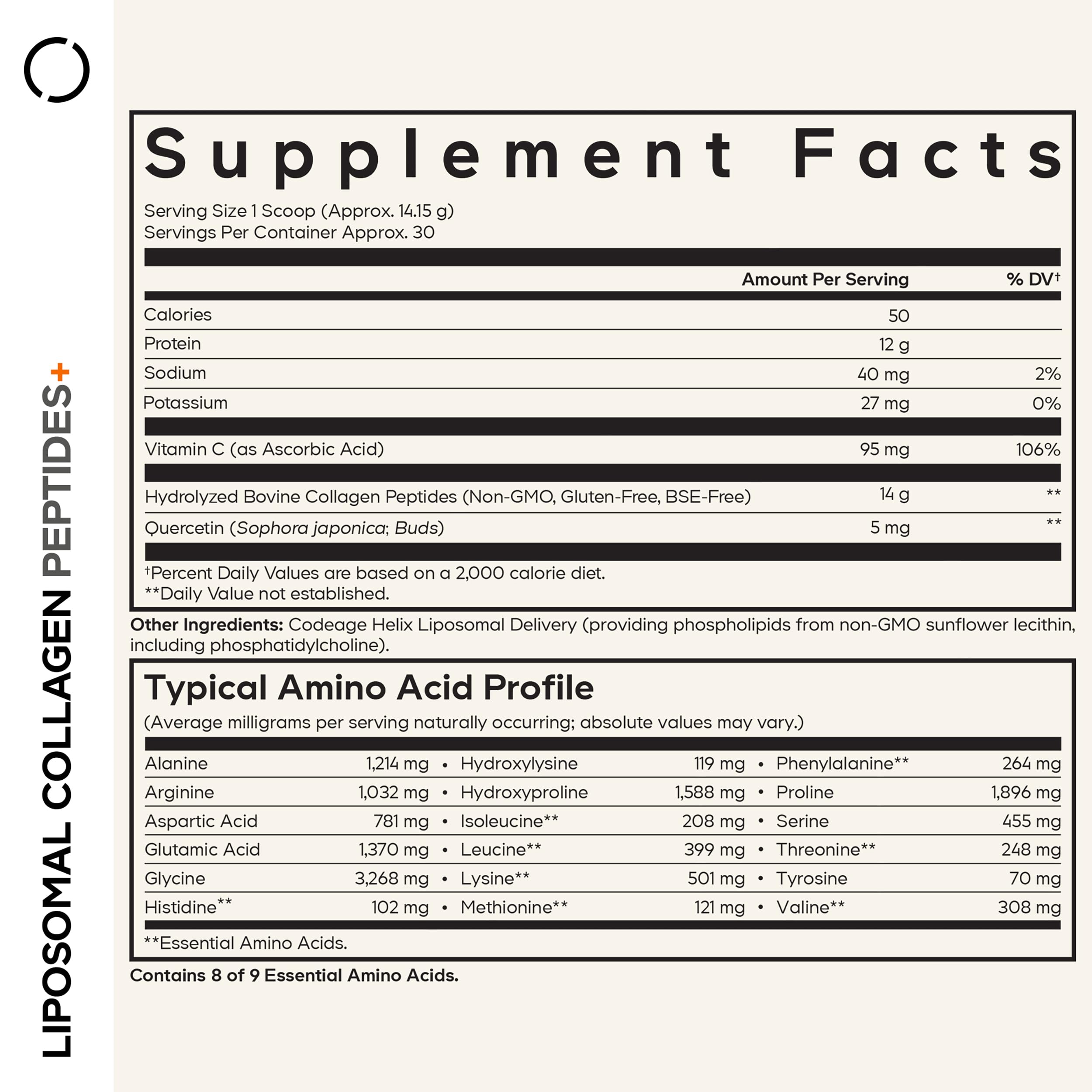 Codeage Liposomal Collagen Peptides Powder + Vitamin C & Quercetin, Phospholipid Complex, Grass-Fed Pasture-Raised Hydrolyzed Collagen Type I & III Supplement All-in-One, Non-GMO, 14.97 oz Codeage Au supplements