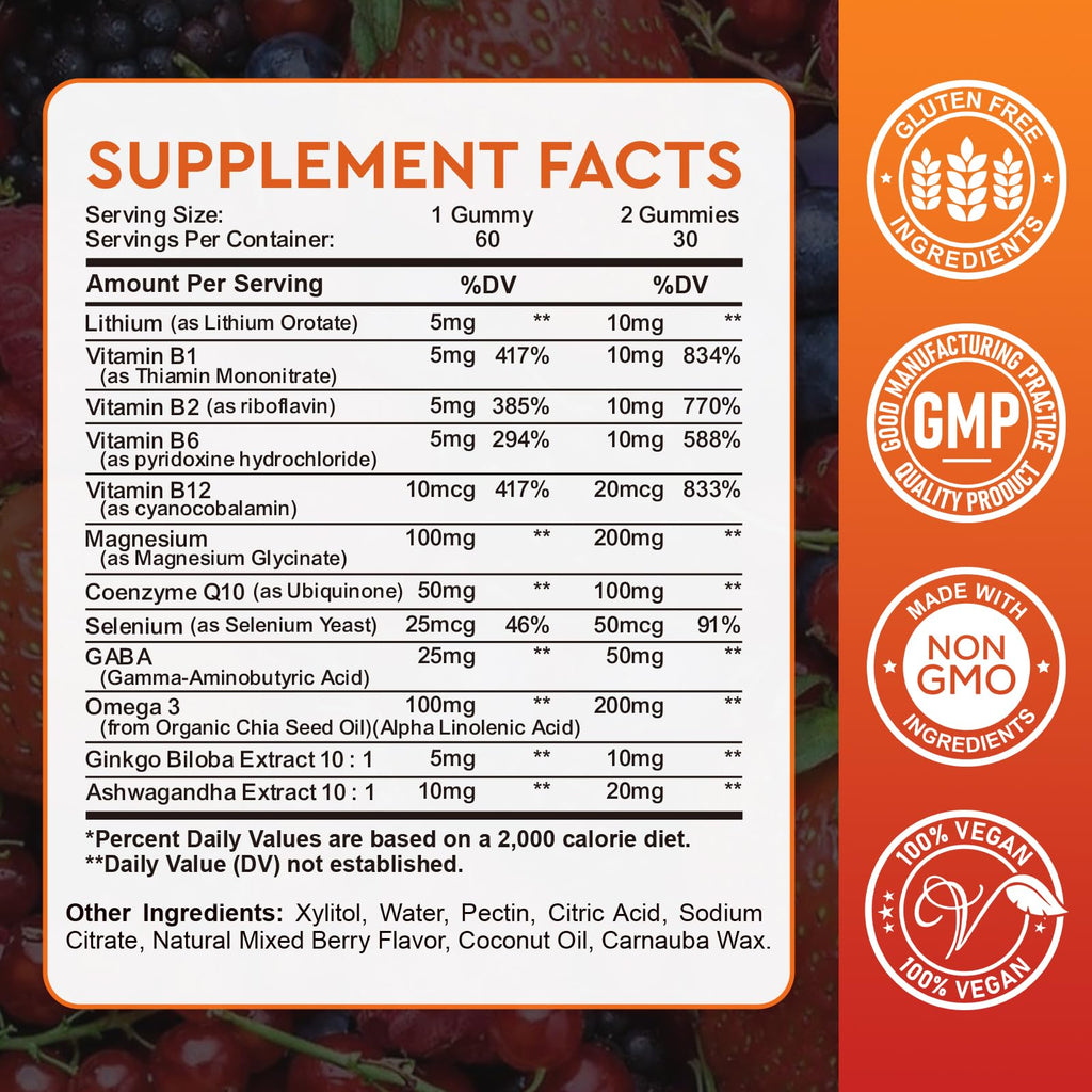 Lithium Orotate 5mg 10mg Gummies Lithium Supplements with Vitamin B, Magnesium & Selenium for Mood Support, Stress Relief, Brain Health, Non-GMO, Vegan, Gluten Free