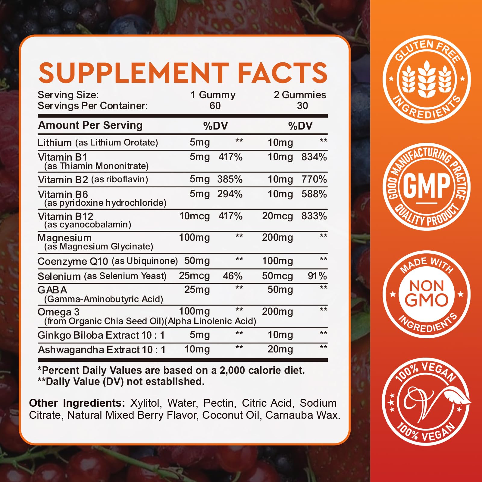 Lithium Orotate 5mg 10mg Gummies Lithium Supplements with Vitamin B, Magnesium & Selenium for Mood Support, Stress Relief, Brain Health, Non-GMO, Vegan, Gluten Free