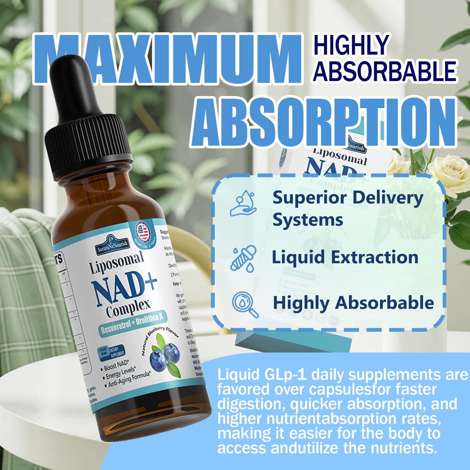 Liposomal NAD+ Liquid Drops, 8-in-1 NAD⁺ Nicotinamide Riboside Resveratrol 900mg w. Quercetin & Urolithin A | Fast Absorption NAD+ Supplement with CoQ10, ALA | Cellular Energy, Anti-Aging, Vitality AuraraNeNourish Au supplements