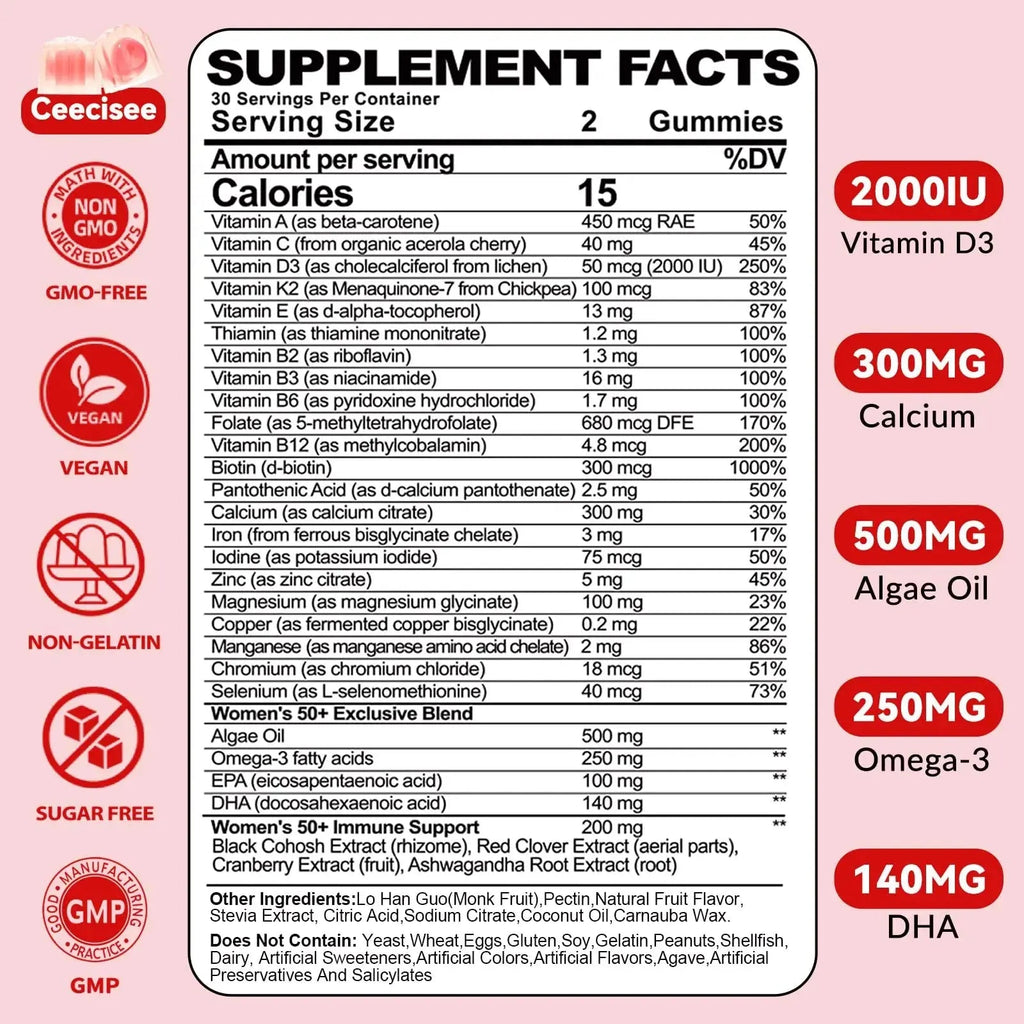 Ceecisee Vitamin Gummies for 50+ Women: Organic Vegan Multivitamin with Iron Omega3 B12 D3 Biotin Zinc Ashwagandha for Hair Skin Health Energy Immune Suppor Ceecisee Au supplements