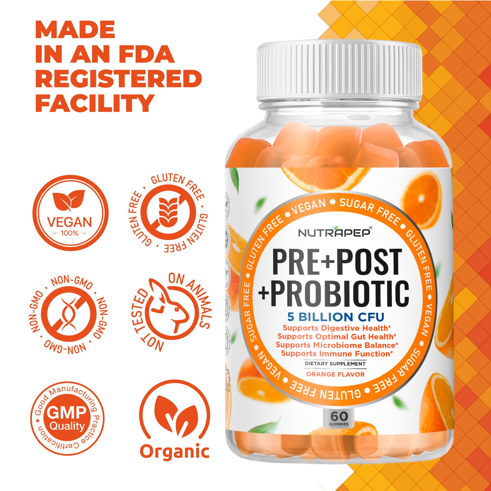 NutraPep Prebiotic Probiotic & Postbiotic Gummies for Women Men & Kids Children - High Potency 5 Billion CFU - Sugar-Free & Gluten 60 Count (Pack of 2)
