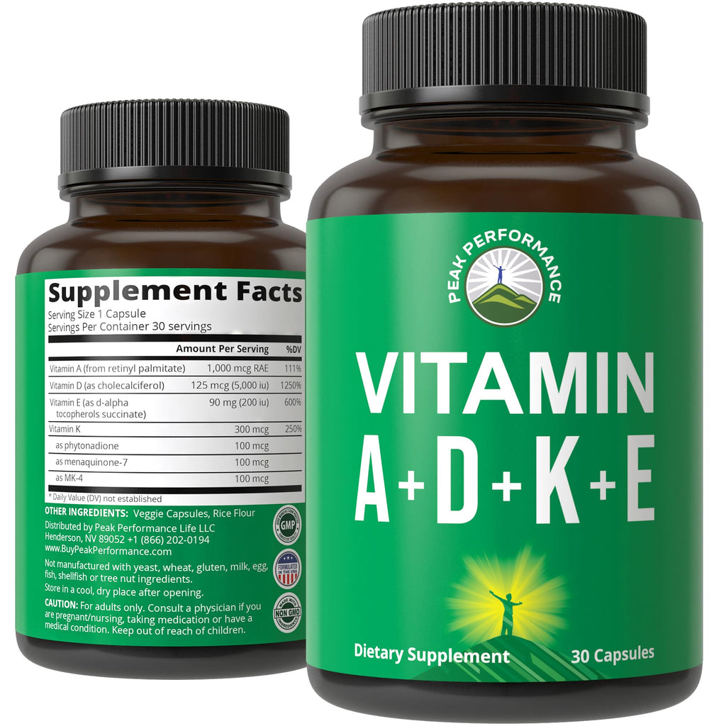 Peak Performance Vitamins D 5,000 iu + A + K + E All in 1 Easy to Swallow Vegan Capsule. ADK Vitamin Supplement with E D3 K2. Essential Vitamins for Mood