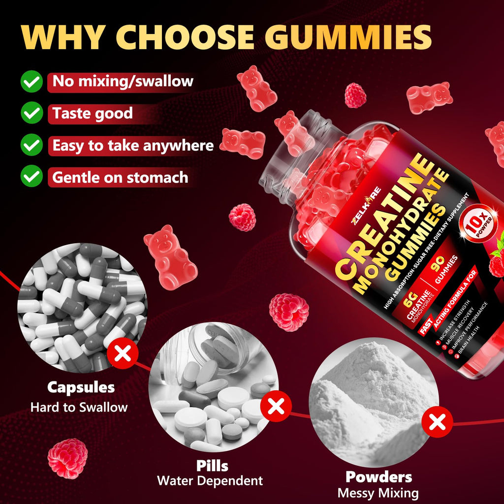 ZELKORE Creatine Monohydrate Gummies 6000mg for Men & Women, Sugar Free Creatine Gummy for Pre & Post Workout, High Absorption Supplement with BCAA, Support Boost Strength,