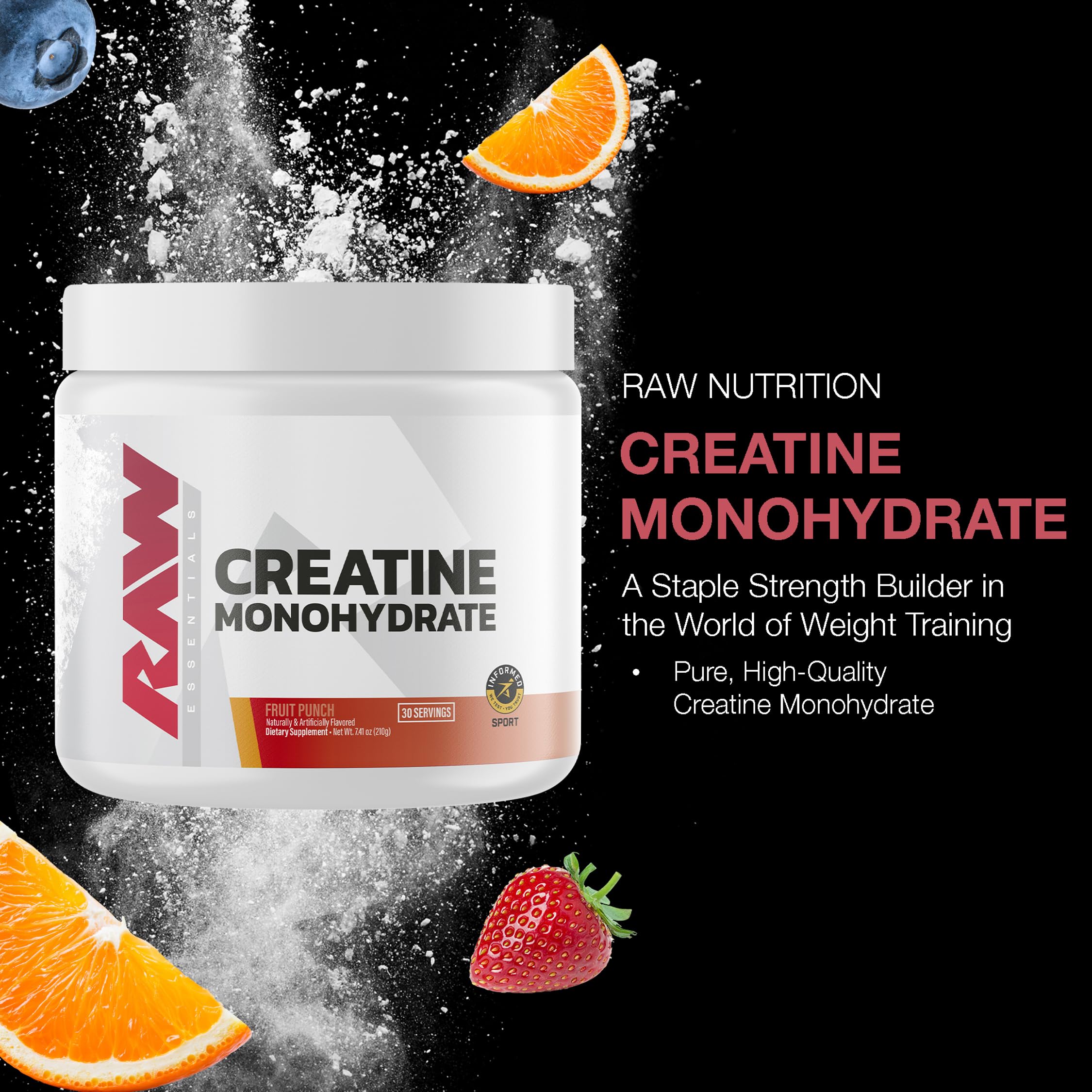 RAW Nutrition Creatine Monohydrate Powder, Fruit Punch (30 Servings) - Micronized Creatine Monohydrate Supplement for Workout Performance, Build Muscle & Strength