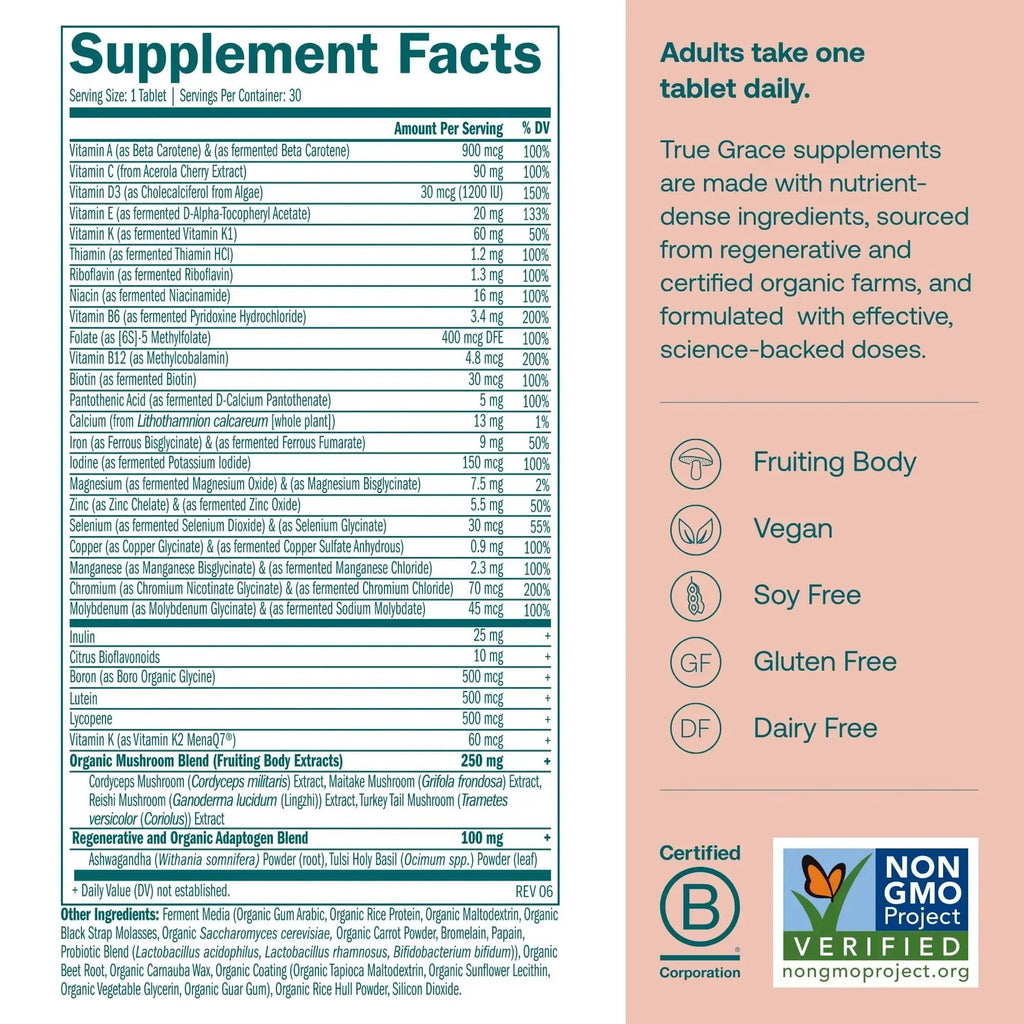 True Grace One Daily Women’s Multivitamin Fermented Minerals, Organic Adaptogens & Mushrooms Whole Body Balance, Immune, Energy, Beauty Support True Grace Au supplements