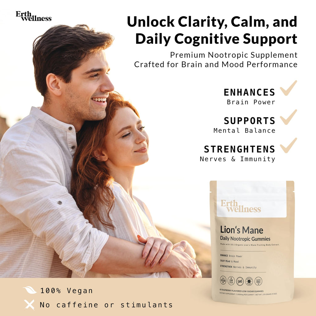 Erth Wellness Lion’s Mane Mushroom Gummies – 10,000mg Fruiting Body Extract per Serving – Brain & Focus Support – Daily Nootropic – Vegan, Low Sugar, Non-GMO – 60 Ct Erth Wellness Au supplements
