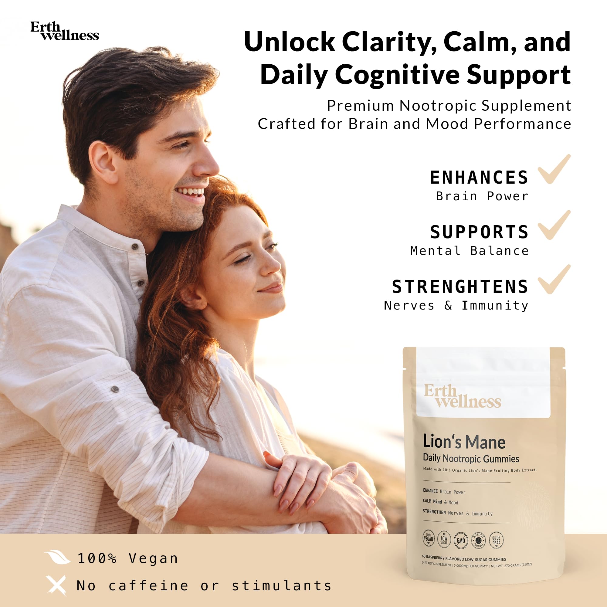 Erth Wellness Lion’s Mane Mushroom Gummies – 10,000mg Fruiting Body Extract per Serving – Brain & Focus Support – Daily Nootropic – Vegan, Low Sugar, Non-GMO – 60 Ct Erth Wellness Au supplements