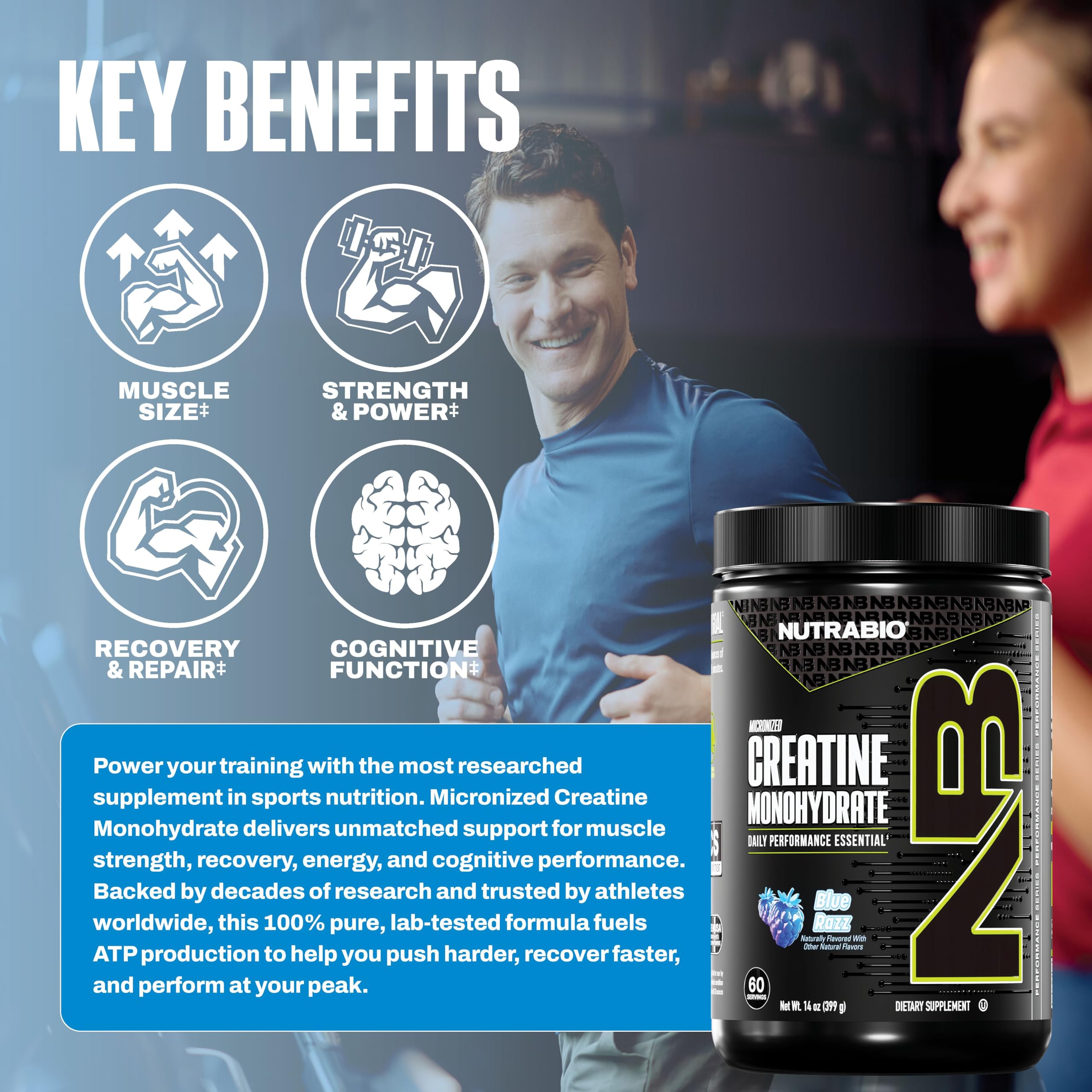 NutraBio Pure Micronized Creatine Monohydrate Powder Supplement, Blue Razz (300 g) - Supports Bulk Muscle Energy, Recovery, and Strength - HPLC Tested Creatine Powder Supplement for Men and Women