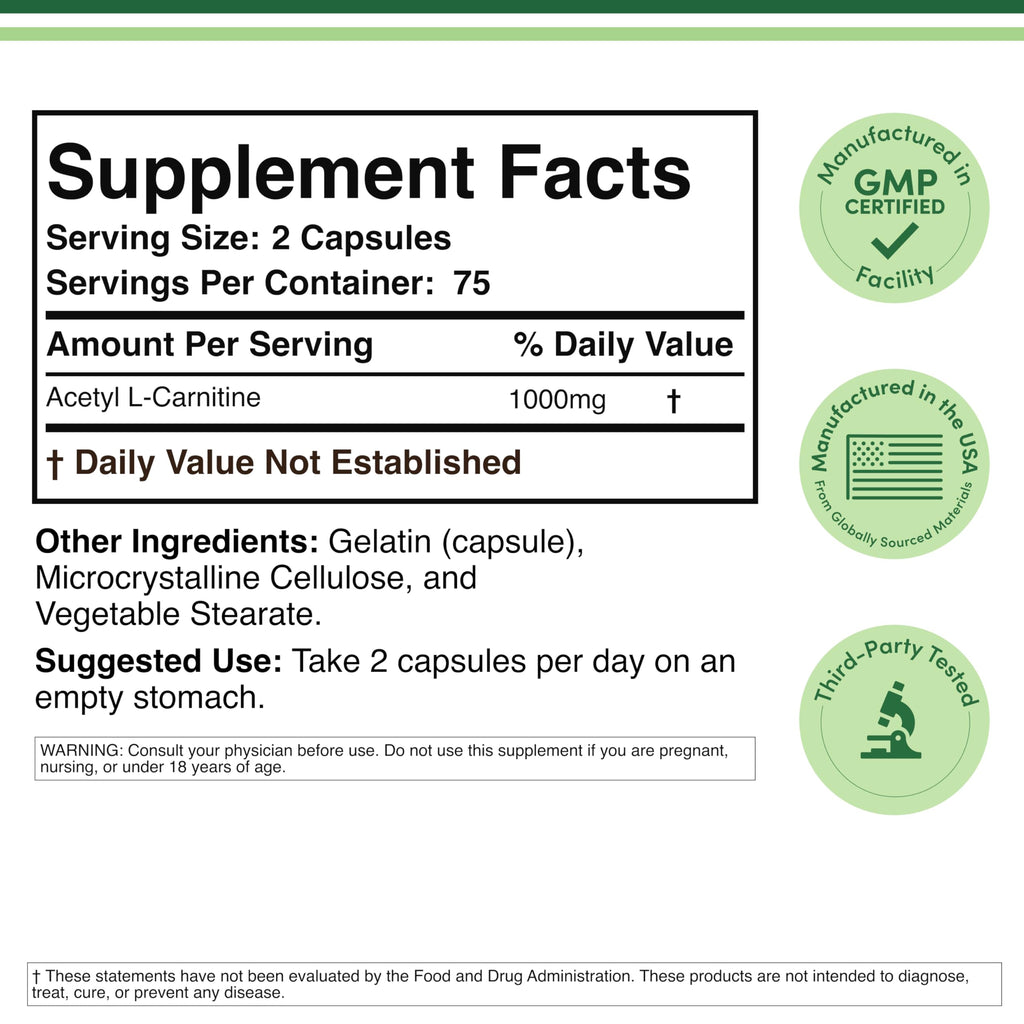 Acetyl L-Carnitine 1,000mg Per Serving, 150 Capsules (ALCAR for Brain Function Support, Memory, Attention, and Stamina) Acetyl L Carnitine That is Third Party Tested by Double Wood Double Wood Supplements Au supplements