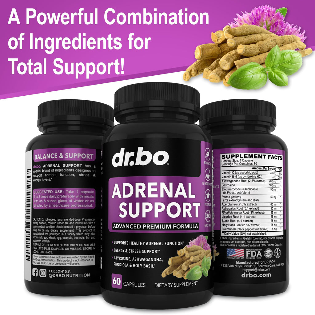 Adrenal Support Cortisol Manager Supplement - Adrenal Fatigue Supplements for Women & Men with Natural Adaptogen Ashwagandha Holy Basil Rhodiola L Tyrosine Complex Fatigue Cortisol Health - 60 Pills DR. BO Au supplements