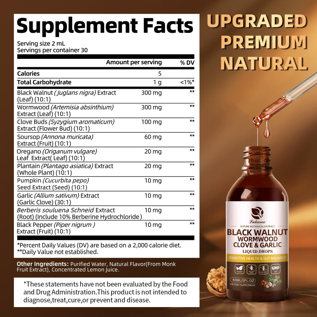 Lukaree Wormwood Black Walnut Clove Cleanse for Humans Tincture – Rapid Gut Detox & Digestive Health with Garlic Pumpkin Seeds Soursop Oregano, 10:1 Ultra-Concentrated Liposomal Tech 98% Absorption