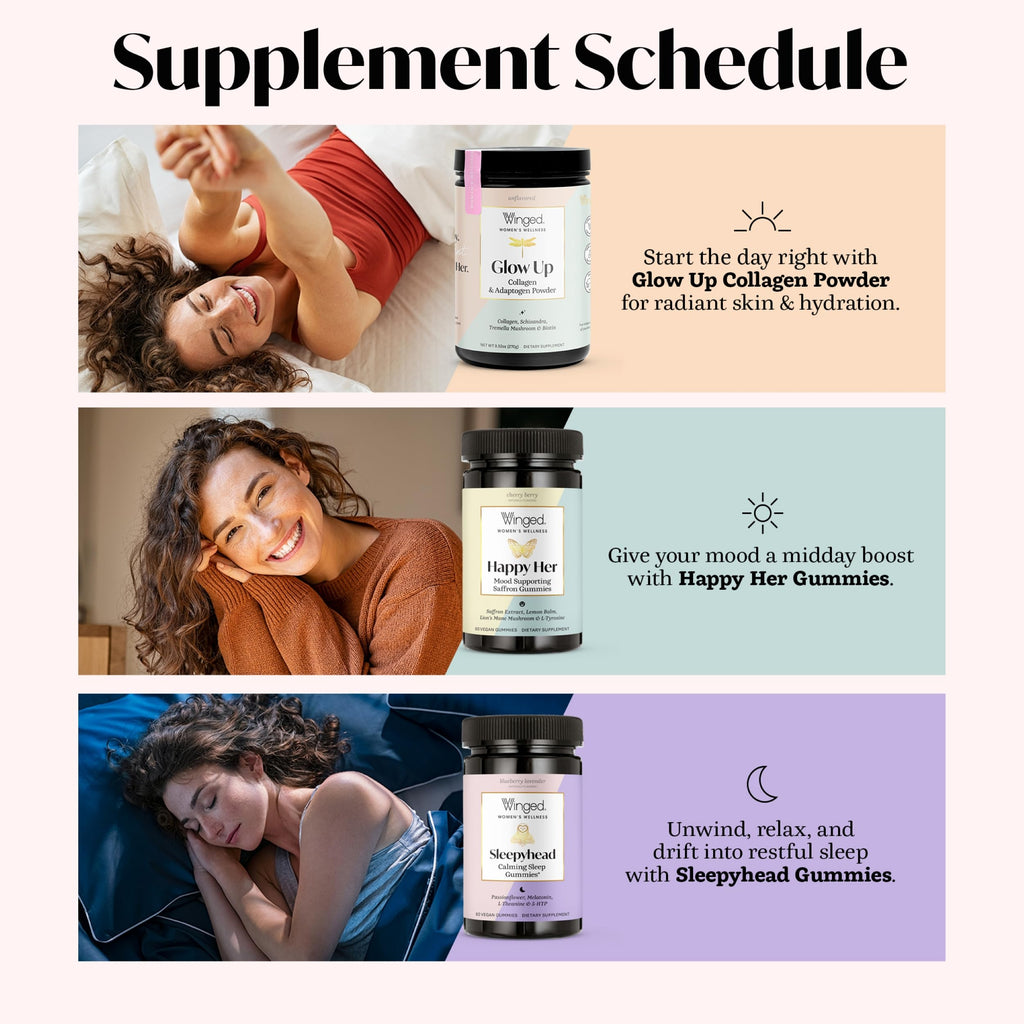 Winged Wellness Happy Her Mood Gummies - Daily Mood Enhancer Support Supplement for Women - Vitamin D with Saffron, Lemon Balm, & Lions Mane Mushrooms for Balance & Calming Relief - 50 Vegan Gummies Winged Au supplements