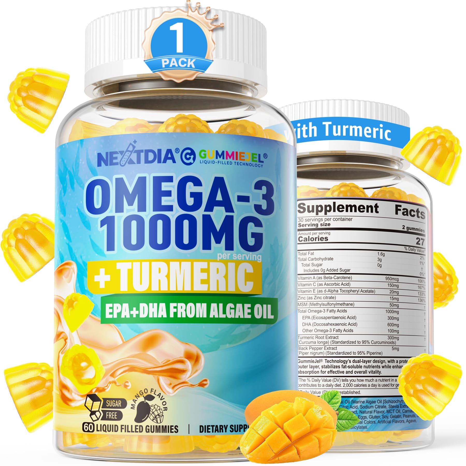 Vegan Omega-3 Gummies 1000mg + Turmeric - Omega 3 Fish Oil Alternative for Adults - Algae DHA 600mg & EPA 300mg