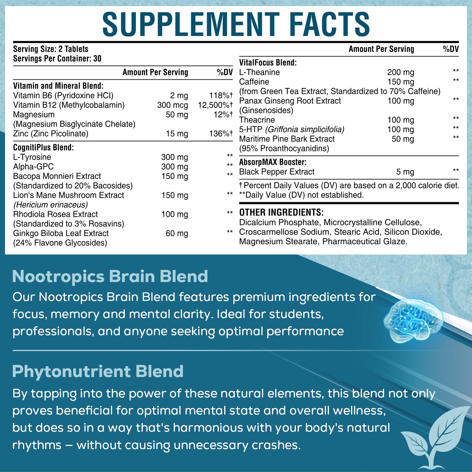 17-in-1 Brain Supplement for Memory and Focus | Natural Nootropics Brain Supplement for Brain Cognition, Energy | High Absorption | L-Theanine, Phytonutrient Blend and Vitamins B6, B12 | 60 Tablets SehatiKu Au supplements