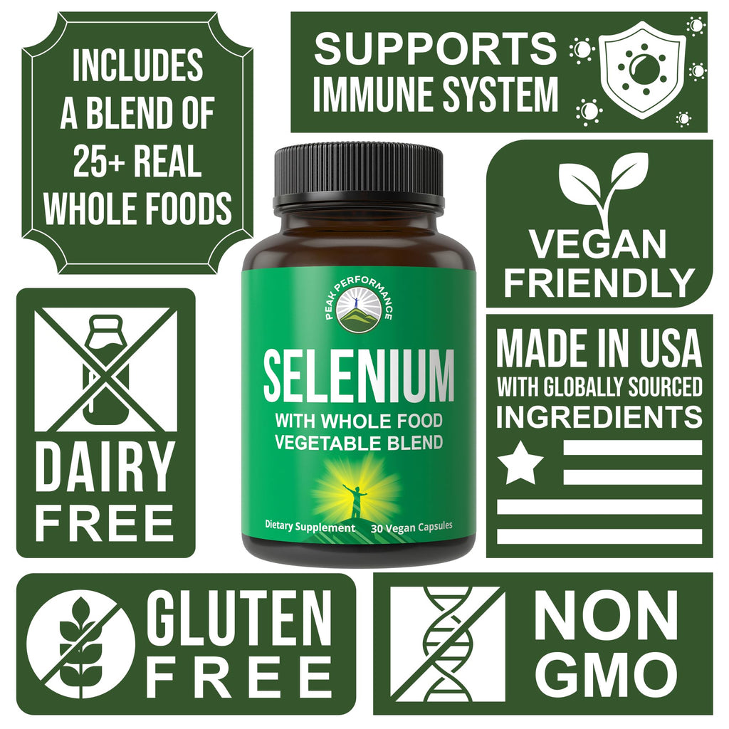 Selenium Supplement with Whole Food Blend of 25+ Vegetables and Fruits for Max Absorption. Pure Selenium Vegan Capsules for Immune System, Thyroid Support, Heart Health, Prostate Support. 30 Pills Peak Performance Au supplements