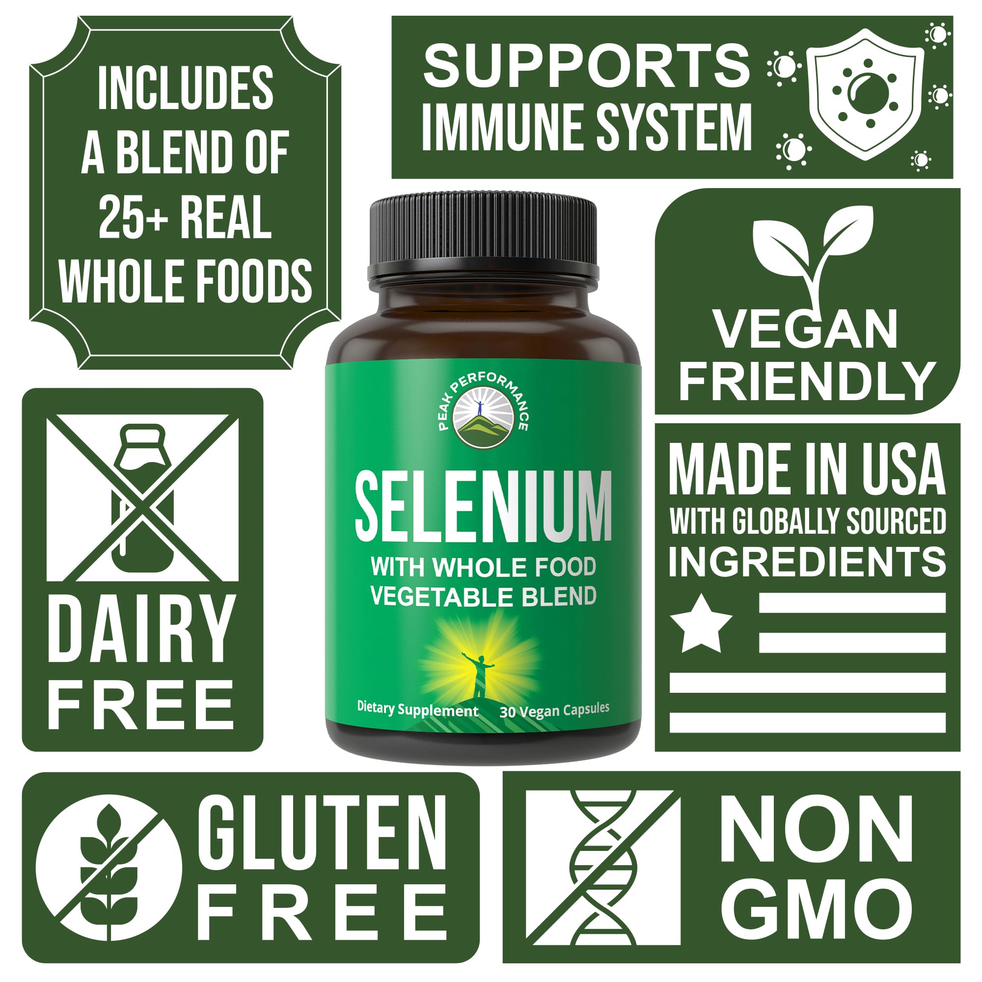 Selenium Supplement with Whole Food Blend of 25+ Vegetables and Fruits for Max Absorption. Pure Selenium Vegan Capsules for Immune System, Thyroid Support, Heart Health, Prostate Support. 30 Pills Peak Performance Au supplements