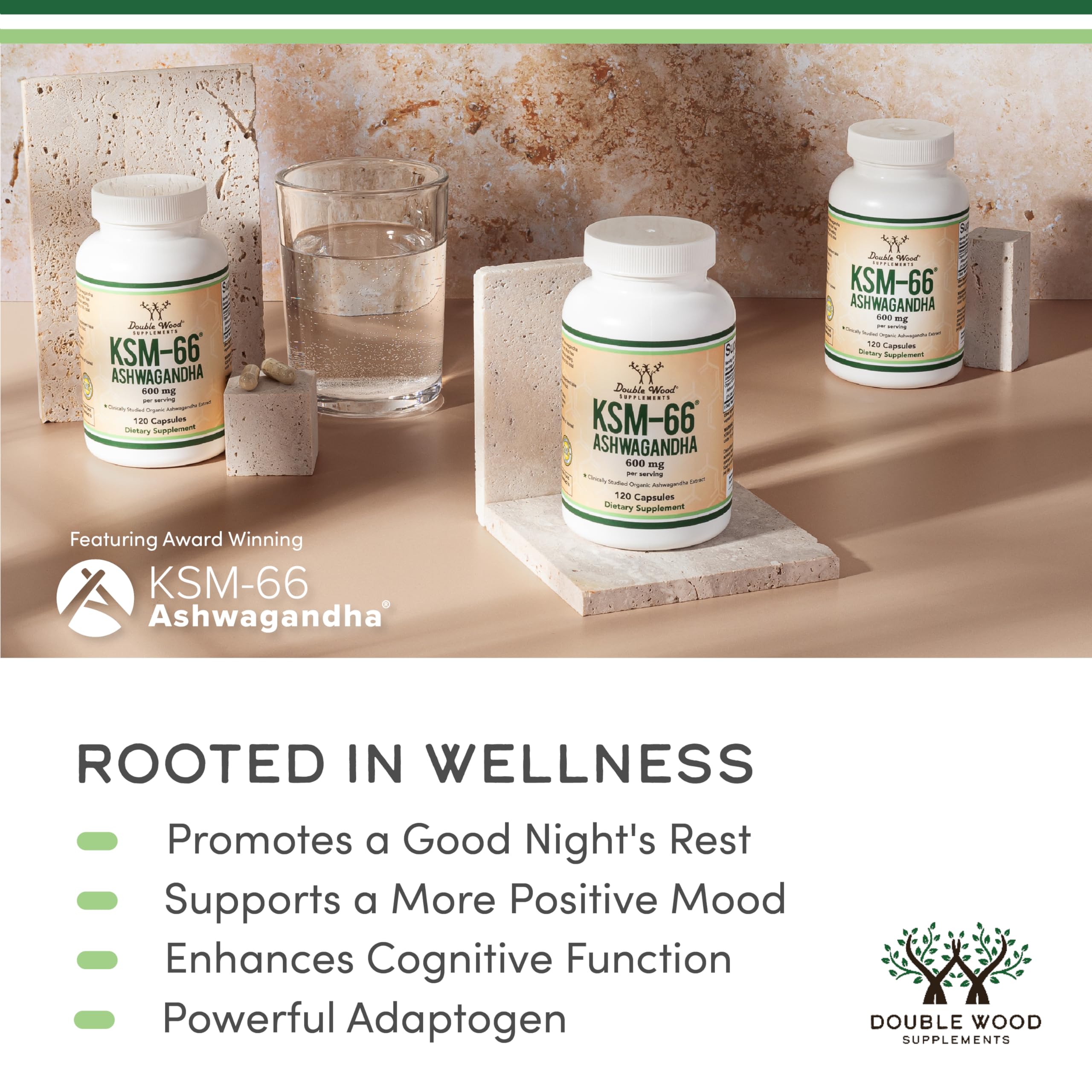 Double Wood Supplements Ashwagandha KSM 66 Organic and Clinically Studied Extract (600mg Per Serving, 120 Capsules, 60 Servings)