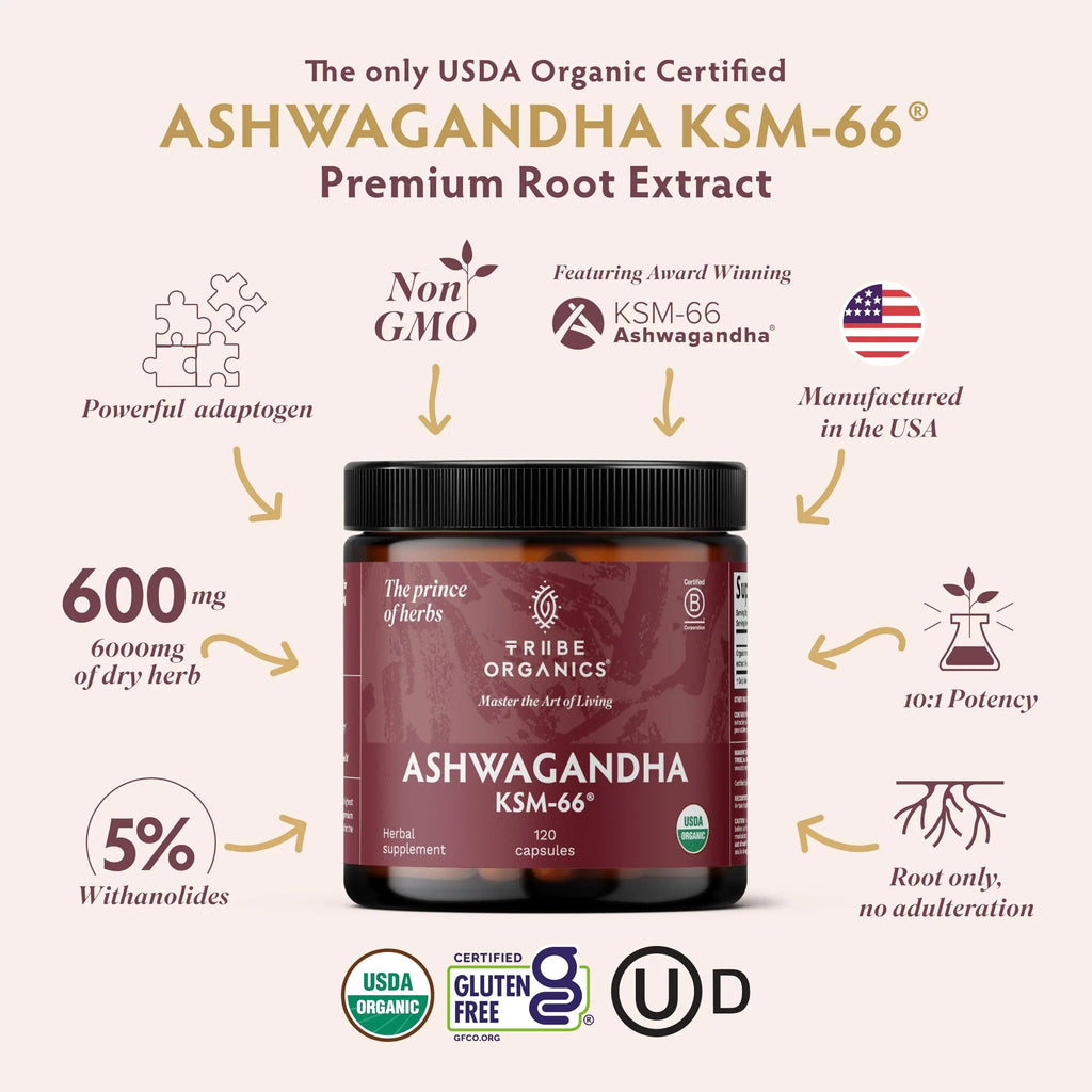TRIBE ORGANICS Ashwagandha KSM 66 Pure Organic Root Powder Extract Ayurvedic Supplement - Focus, Mood Support, Increase Energy, Strength, 600mg of Natural KSM66 TRIBE ORGANICS Au supplements