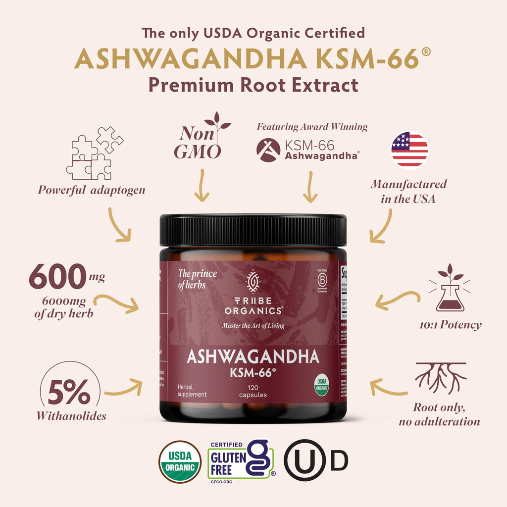 TRIBE ORGANICS Ashwagandha KSM 66 Pure Organic Root Powder Extract Ayurvedic Supplement - Focus, Mood Support, Increase Energy, Strength, 600mg of Natural KSM66 for Superior Absorption - 120 Capsules TRIBE ORGANICS Au supplements