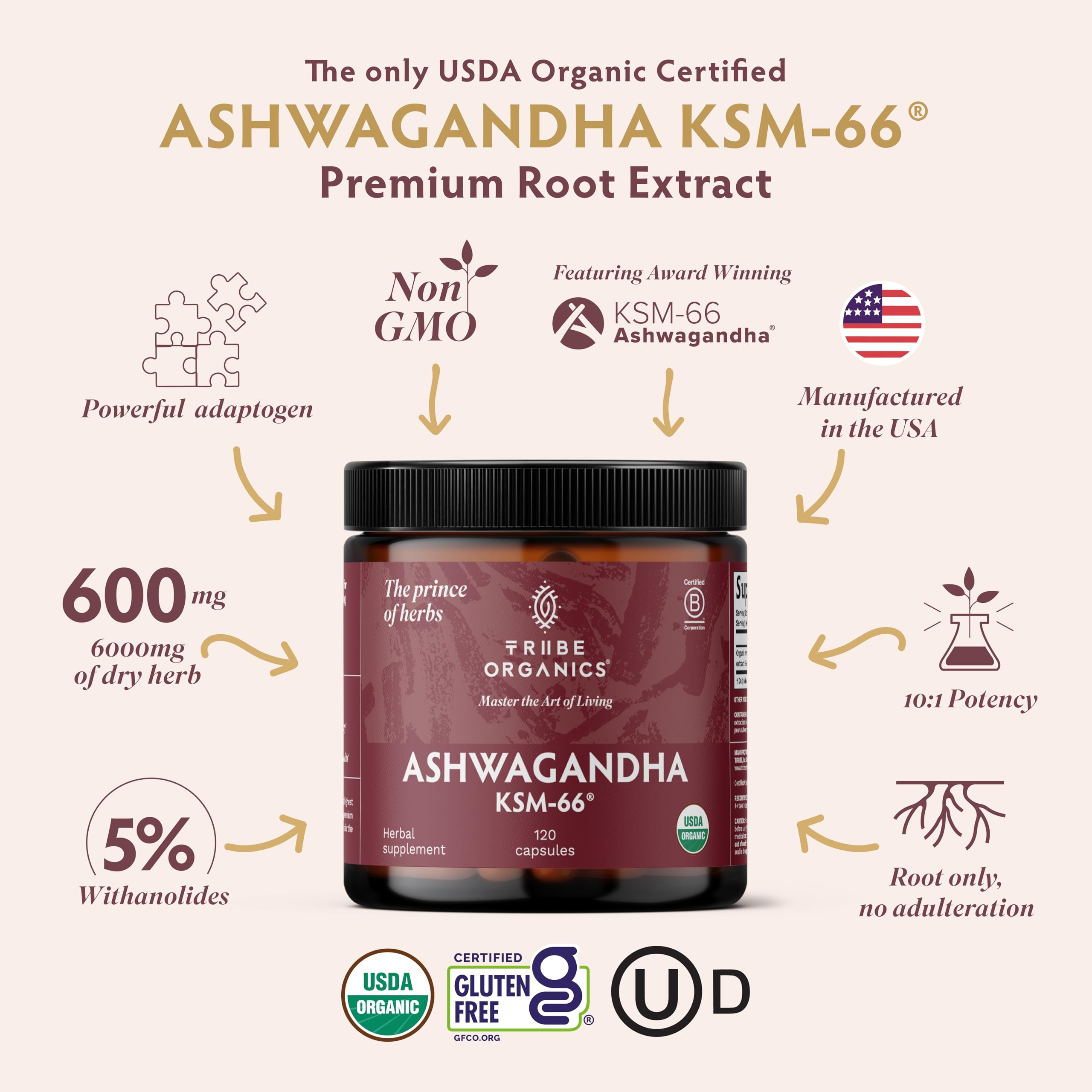 TRIBE ORGANICS Ashwagandha KSM 66 Pure Organic Root Powder Extract Ayurvedic Supplement - Focus, Mood Support, Increase Energy, Strength, 600mg of Natural KSM66 for Superior Absorption - 120 Capsules TRIBE ORGANICS Au supplements