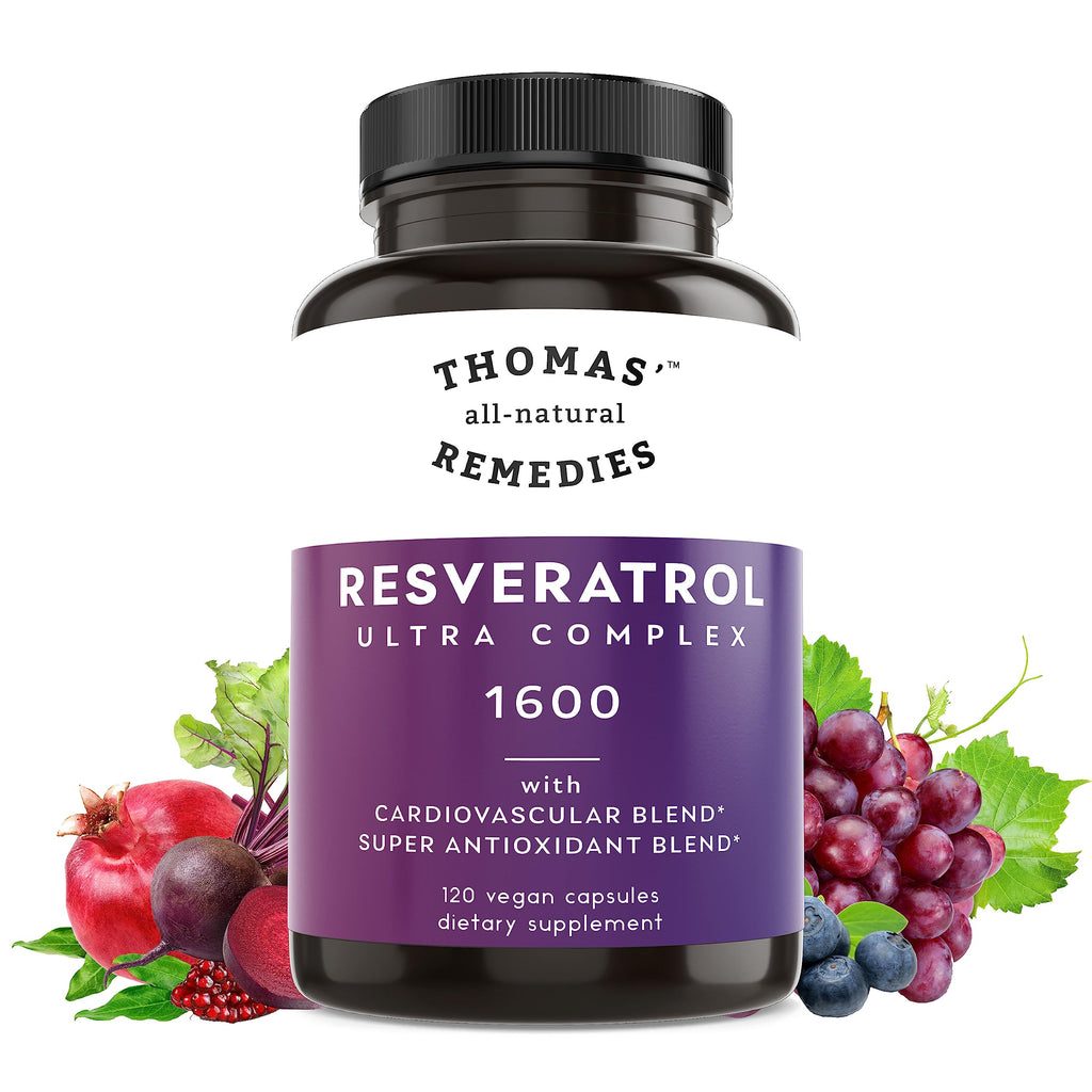 Thomas' all-natural Remedies Resveratrol 1600mg Organic Trans-Resveratrol Antioxidant Supplement with Organic Grape Seed Extract and Quercetin