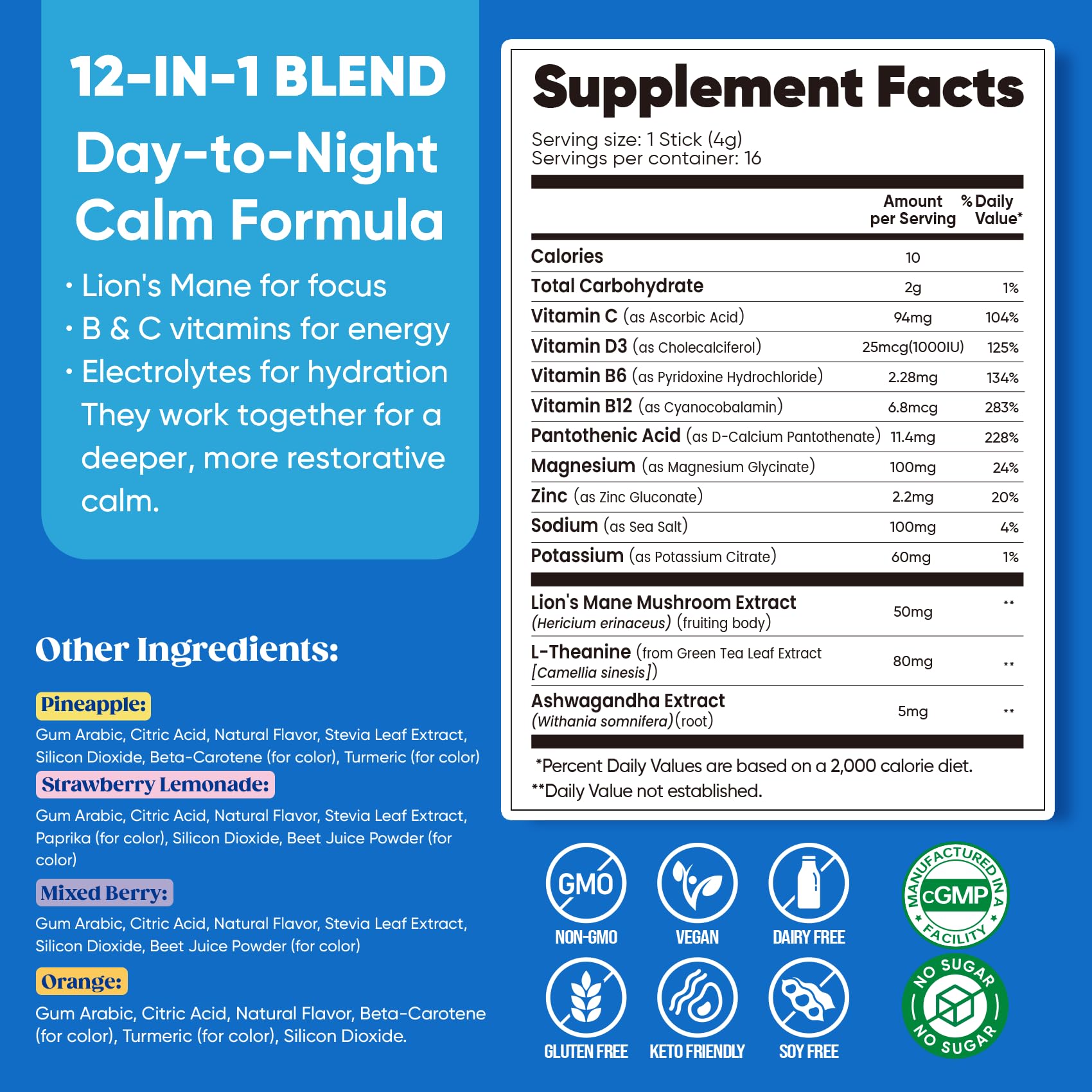 Venture Pal Calm Drink Mix, 12-in-1 Cortisol Reducer and Sleep Aid with Magnesium Glycinate, Ashwagandha, L-Theanine,Vitamin D, Calm Magnesium Powder