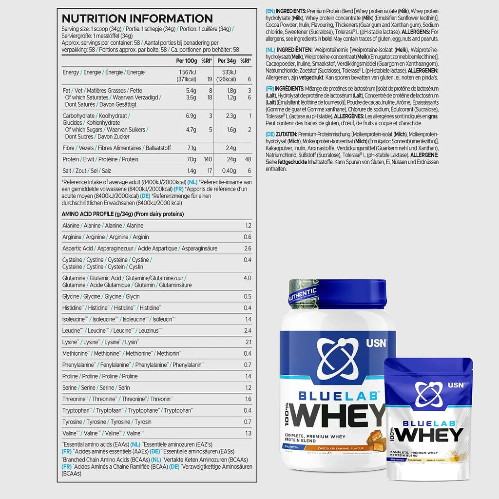 USN Blue Lab Whey Protein Powder: Chocolate Caramel - Whey Protein 908g USN Au supplements